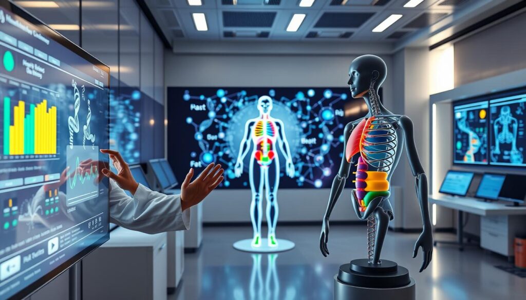 A sleek, high-tech laboratory filled with glowing monitors and advanced medical equipment. In the foreground, a scientist in a white lab coat stands beside a touchscreen interface, their hands gesturing towards a comprehensive DNA profile displayed on the screen. In the middle ground, a 3D-printed model of a human body rotates, color-coded sections highlighting the intricate relationship between genetics and optimal dietary requirements. The background features a wall-sized holographic projection, showcasing a complex algorithm that intelligently tailors nutrition plans based on the DNA data. Soft, ambient lighting illuminates the scene, conveying a sense of innovation and scientific progress. The overall atmosphere is one of cutting-edge technology, personalized health solutions, and a future where AI-driven dietary guidance is seamlessly integrated with our genetic makeup. A sleek, high-tech laboratory filled with glowing monitors and advanced medical equipment. In the foreground, a scientist in a white lab coat stands beside a touchscreen interface, their hands gesturing towards a comprehensive DNA profile displayed on the screen. In the middle ground, a 3D-printed model of a human body rotates, color-coded sections highlighting the intricate relationship between genetics and optimal dietary requirements. The background features a wall-sized holographic projection, showcasing a complex algorithm that intelligently tailors nutrition plans based on the DNA data. Soft, ambient lighting illuminates the scene, conveying a sense of innovation and scientific progress. The overall atmosphere is one of cutting-edge technology, personalized health solutions, and a future where AI-driven dietary guidance is seamlessly integrated with our genetic makeup.