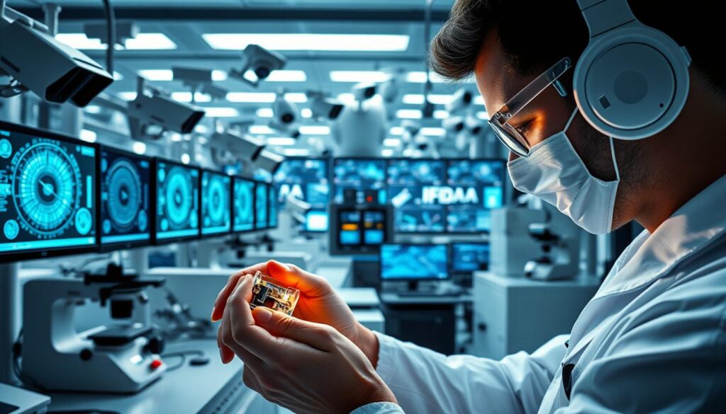 A sleek, high-tech laboratory with advanced microscopes and monitors displaying intricate nanoscale schematics. In the foreground, a scientist meticulously manipulates a tiny device, its components gleaming under precise lighting. The middle ground features various analytical instruments, their interfaces showcasing complex data visualizations. In the background, a vast array of sensors and cameras surveillance equipment, subtly integrated into the environment, monitoring the space. The overall atmosphere conveys a sense of cutting-edge innovation and the unseen potential of nanotech-powered security systems. A sleek, high-tech laboratory with advanced microscopes and monitors displaying intricate nanoscale schematics. In the foreground, a scientist meticulously manipulates a tiny device, its components gleaming under precise lighting. The middle ground features various analytical instruments, their interfaces showcasing complex data visualizations. In the background, a vast array of sensors and cameras surveillance equipment, subtly integrated into the environment, monitoring the space. The overall atmosphere conveys a sense of cutting-edge innovation and the unseen potential of nanotech-powered security systems.