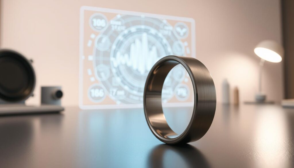 A sleek, metallic biometric ring sits prominently in the foreground, its smooth surface gleaming under soft, diffused lighting. In the middle ground, a holographic display projects intricate biometric data, visualizing the ring's advanced sensors tracking the wearer's vitals. The background features a clean, minimalist workspace, hinting at the technological advancements behind this innovative wearable device. The overall mood is one of sophistication and effortless integration of form and function, showcasing the remarkable progress in biometric ring technology. A sleek, metallic biometric ring sits prominently in the foreground, its smooth surface gleaming under soft, diffused lighting. In the middle ground, a holographic display projects intricate biometric data, visualizing the ring's advanced sensors tracking the wearer's vitals. The background features a clean, minimalist workspace, hinting at the technological advancements behind this innovative wearable device. The overall mood is one of sophistication and effortless integration of form and function, showcasing the remarkable progress in biometric ring technology.