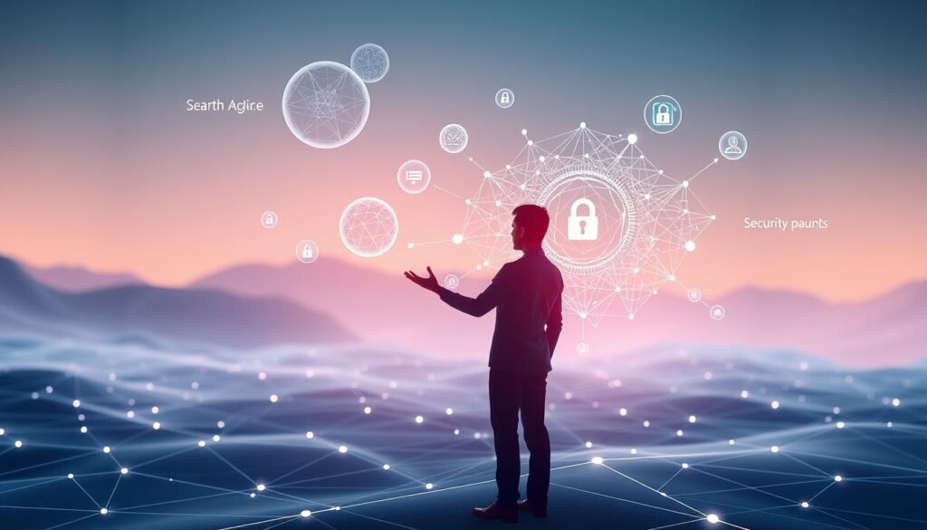 A sleek, minimal digital landscape with floating data spheres and polygonal structures. In the foreground, a holographic figure of a life coach gestures towards an array of interactive data visualizations and security protocols. The middle ground features a complex network of interconnected digital pathways, representing the intricate relationship between virtual coaching and data privacy. The background is bathed in a soft, ambient glow, evoking a sense of tranquility and the delicate balance between personal growth and data protection. Subtle lighting and depth of field techniques create a sense of immersion, inviting the viewer to contemplates the privacy paradox at the heart of AI-driven life coaching. A sleek, minimal digital landscape with floating data spheres and polygonal structures. In the foreground, a holographic figure of a life coach gestures towards an array of interactive data visualizations and security protocols. The middle ground features a complex network of interconnected digital pathways, representing the intricate relationship between virtual coaching and data privacy. The background is bathed in a soft, ambient glow, evoking a sense of tranquility and the delicate balance between personal growth and data protection. Subtle lighting and depth of field techniques create a sense of immersion, inviting the viewer to contemplates the privacy paradox at the heart of AI-driven life coaching.