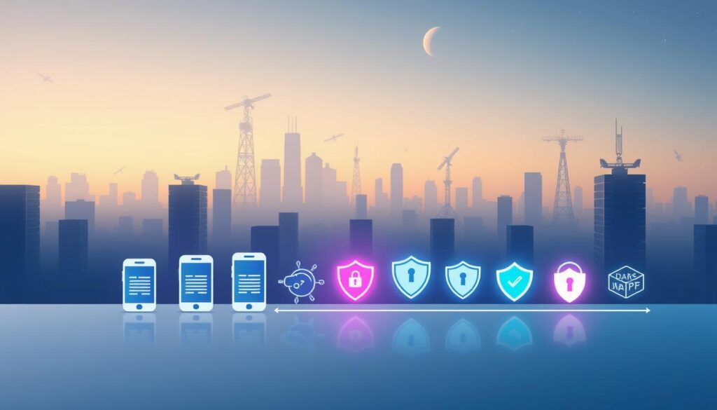 A sleek, minimalist digital illustration depicting the evolution of mobile app data protection milestones. In the foreground, a series of stylized smartphone icons representing different eras of privacy safeguards, from early permissions to advanced encryption. The middle ground features glowing data icons and security shields, conveying the growing importance of user privacy. In the atmospheric background, a minimalist cityscape with towering servers and satellites, suggesting the scale and complexity of the digital landscape. The overall composition exudes a sense of progress, technology, and the steady march towards stronger mobile app data protection. A sleek, minimalist digital illustration depicting the evolution of mobile app data protection milestones. In the foreground, a series of stylized smartphone icons representing different eras of privacy safeguards, from early permissions to advanced encryption. The middle ground features glowing data icons and security shields, conveying the growing importance of user privacy. In the atmospheric background, a minimalist cityscape with towering servers and satellites, suggesting the scale and complexity of the digital landscape. The overall composition exudes a sense of progress, technology, and the steady march towards stronger mobile app data protection.