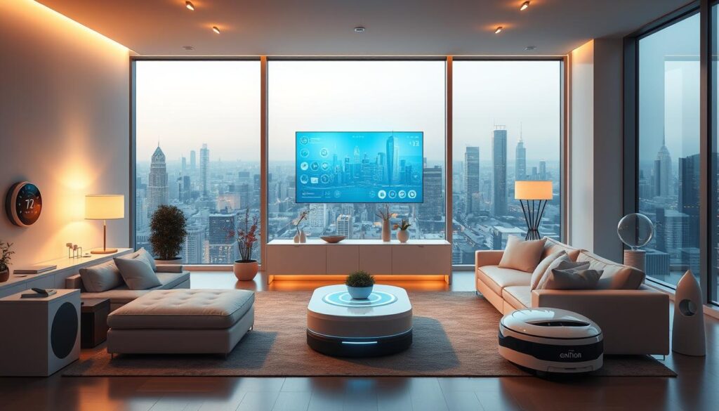 A sleek, minimalist living room of the future, bathed in warm, diffused lighting. In the center, a state-of-the-art AI home automation system glows with a soft blue hue, its various sensors and interfaces seamlessly integrated into the decor. Surrounding it, advanced smart home appliances - a self-adjusting thermostat, voice-controlled lighting, and an autonomous cleaning robot - operate in perfect harmony, anticipating the homeowner's needs. The large windows offer a panoramic view of a gleaming, high-tech cityscape, hinting at the seamless integration of home and urban environments in this vision of the future. A sleek, minimalist living room of the future, bathed in warm, diffused lighting. In the center, a state-of-the-art AI home automation system glows with a soft blue hue, its various sensors and interfaces seamlessly integrated into the decor. Surrounding it, advanced smart home appliances - a self-adjusting thermostat, voice-controlled lighting, and an autonomous cleaning robot - operate in perfect harmony, anticipating the homeowner's needs. The large windows offer a panoramic view of a gleaming, high-tech cityscape, hinting at the seamless integration of home and urban environments in this vision of the future.