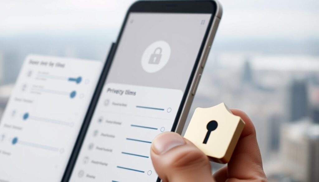 A sleek, minimalist mobile app interface showcasing various privacy-focused features. In the foreground, a user's personal information is securely encrypted and protected by an array of toggles, sliders, and security icons. The middle ground features a clean, uncluttered design with muted pastel colors and soft, subtle gradients. In the background, a blurred cityscape or landscape symbolizes the boundless digital world beyond the app's secure perimeter. Soft, diffused lighting creates a calming, trustworthy atmosphere, while the camera angle provides a dynamic, slightly elevated perspective that conveys a sense of control and confidence in the app's privacy safeguards. A sleek, minimalist mobile app interface showcasing various privacy-focused features. In the foreground, a user's personal information is securely encrypted and protected by an array of toggles, sliders, and security icons. The middle ground features a clean, uncluttered design with muted pastel colors and soft, subtle gradients. In the background, a blurred cityscape or landscape symbolizes the boundless digital world beyond the app's secure perimeter. Soft, diffused lighting creates a calming, trustworthy atmosphere, while the camera angle provides a dynamic, slightly elevated perspective that conveys a sense of control and confidence in the app's privacy safeguards.