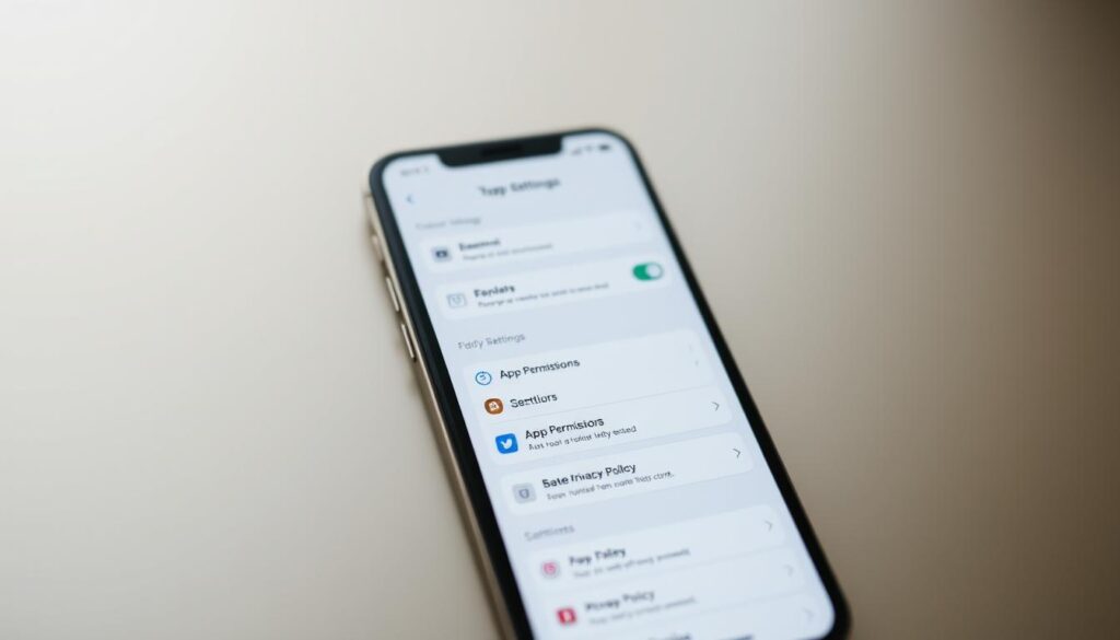 A sleek, minimalist mobile phone screen showcases a series of privacy settings options. In the foreground, various app permission controls are displayed using clean, intuitive icons and toggles. The middle ground features a dropdown menu with customizable privacy policy selections. In the background, a translucent blur effect subtly highlights the importance of these measures. Soft lighting casts a serene, secure atmosphere, emphasizing the user's ability to tailor their mobile privacy with confidence and control. A sleek, minimalist mobile phone screen showcases a series of privacy settings options. In the foreground, various app permission controls are displayed using clean, intuitive icons and toggles. The middle ground features a dropdown menu with customizable privacy policy selections. In the background, a translucent blur effect subtly highlights the importance of these measures. Soft lighting casts a serene, secure atmosphere, emphasizing the user's ability to tailor their mobile privacy with confidence and control.