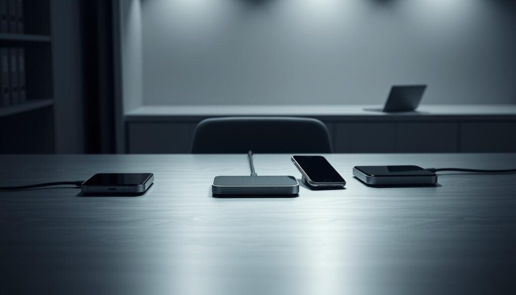 A sleek, modern cordless charging pad station set against a minimalist, dimly-lit office backdrop. The brushed metal surface reflects the soft, diffused lighting, creating a clean, sophisticated aesthetic. Subtle shadows cast by the charging devices suggest their seamless integration into the environment. The pads are arranged in a visually appealing, symmetrical pattern, hinting at the convenience and organization of a cable-free workspace. An aura of anticipation and the promise of technological advancement permeates the scene, alluding to the obstacles and progress towards a wireless future. A sleek, modern cordless charging pad station set against a minimalist, dimly-lit office backdrop. The brushed metal surface reflects the soft, diffused lighting, creating a clean, sophisticated aesthetic. Subtle shadows cast by the charging devices suggest their seamless integration into the environment. The pads are arranged in a visually appealing, symmetrical pattern, hinting at the convenience and organization of a cable-free workspace. An aura of anticipation and the promise of technological advancement permeates the scene, alluding to the obstacles and progress towards a wireless future.