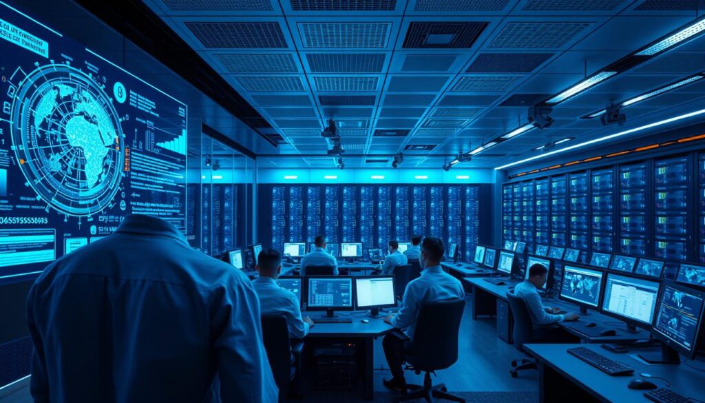 A sleek, modern cybersecurity control room, bathed in a cool blue glow. In the foreground, a holographic display shows intricate AI-driven threat analysis, with glowing data visualizations. In the middle ground, technicians in crisp uniforms monitor banks of high-resolution security cameras and sensor feeds, their faces illuminated by the glow of multiple screens. In the background, a vast, state-of-the-art server farm hums with the energy of machine learning algorithms constantly scanning for anomalies. The mood is one of disciplined vigilance, as the defenders deploy the latest AI tools to maintain compliance and safeguard the digital frontier. A sleek, modern cybersecurity control room, bathed in a cool blue glow. In the foreground, a holographic display shows intricate AI-driven threat analysis, with glowing data visualizations. In the middle ground, technicians in crisp uniforms monitor banks of high-resolution security cameras and sensor feeds, their faces illuminated by the glow of multiple screens. In the background, a vast, state-of-the-art server farm hums with the energy of machine learning algorithms constantly scanning for anomalies. The mood is one of disciplined vigilance, as the defenders deploy the latest AI tools to maintain compliance and safeguard the digital frontier.