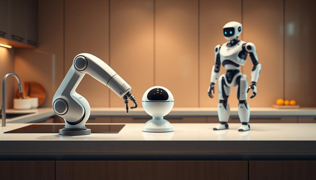 A sleek, modern kitchen counter with various advanced home robot features prominently displayed. In the foreground, a sophisticated robotic arm effortlessly prepares a gourmet meal, its movements seamless and precise. Behind it, a compact, spherical robot assistant hovers, its intuitive interface and array of sensors enabling seamless home automation and voice commands. In the background, a tall, humanoid robot stands ready to assist with cleaning and household tasks, its articulated limbs and advanced algorithms enabling remarkable dexterity and efficiency. Warm, directional lighting creates a sense of refinement and technological prowess, while a clean, minimalist aesthetic underscores the cutting-edge nature of these domestic robots. A sleek, modern kitchen counter with various advanced home robot features prominently displayed. In the foreground, a sophisticated robotic arm effortlessly prepares a gourmet meal, its movements seamless and precise. Behind it, a compact, spherical robot assistant hovers, its intuitive interface and array of sensors enabling seamless home automation and voice commands. In the background, a tall, humanoid robot stands ready to assist with cleaning and household tasks, its articulated limbs and advanced algorithms enabling remarkable dexterity and efficiency. Warm, directional lighting creates a sense of refinement and technological prowess, while a clean, minimalist aesthetic underscores the cutting-edge nature of these domestic robots.