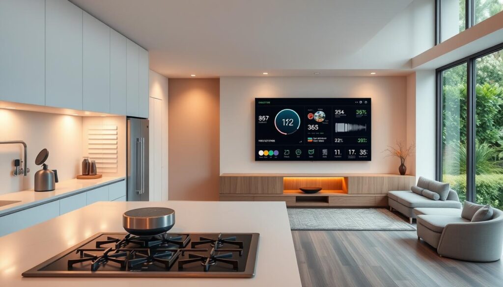 A sleek, modern living room with a seamless integration of AI-powered home appliances. In the foreground, a minimalist kitchen counter with a high-tech stove, smart fridge, and voice-controlled virtual assistant. Soft, diffused lighting from concealed fixtures casts a warm glow. In the middle ground, a large, flat-screen display showcases real-time data from connected appliances, from energy usage to recipe suggestions. The background features floor-to-ceiling windows, offering a panoramic view of a lush, verdant garden. An atmosphere of effortless automation and technological harmony pervades the scene. A sleek, modern living room with a seamless integration of AI-powered home appliances. In the foreground, a minimalist kitchen counter with a high-tech stove, smart fridge, and voice-controlled virtual assistant. Soft, diffused lighting from concealed fixtures casts a warm glow. In the middle ground, a large, flat-screen display showcases real-time data from connected appliances, from energy usage to recipe suggestions. The background features floor-to-ceiling windows, offering a panoramic view of a lush, verdant garden. An atmosphere of effortless automation and technological harmony pervades the scene.