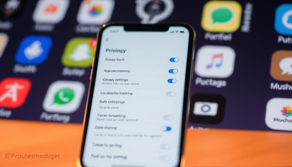 A sleek, modern mobile device with a focus on its privacy settings menu. In the foreground, the screen displays a clean, minimalist interface with various toggles and sliders to control app permissions, location tracking, and data sharing. The device is set against a soft, blurred background of various mobile app icons, suggesting the user's need to carefully curate their digital privacy. Warm, diffused lighting illuminates the scene, conveying a sense of thoughtfulness and control. The overall composition highlights the importance of understanding and customizing mobile app privacy settings to protect one's digital well-being. A sleek, modern mobile device with a focus on its privacy settings menu. In the foreground, the screen displays a clean, minimalist interface with various toggles and sliders to control app permissions, location tracking, and data sharing. The device is set against a soft, blurred background of various mobile app icons, suggesting the user's need to carefully curate their digital privacy. Warm, diffused lighting illuminates the scene, conveying a sense of thoughtfulness and control. The overall composition highlights the importance of understanding and customizing mobile app privacy settings to protect one's digital well-being.