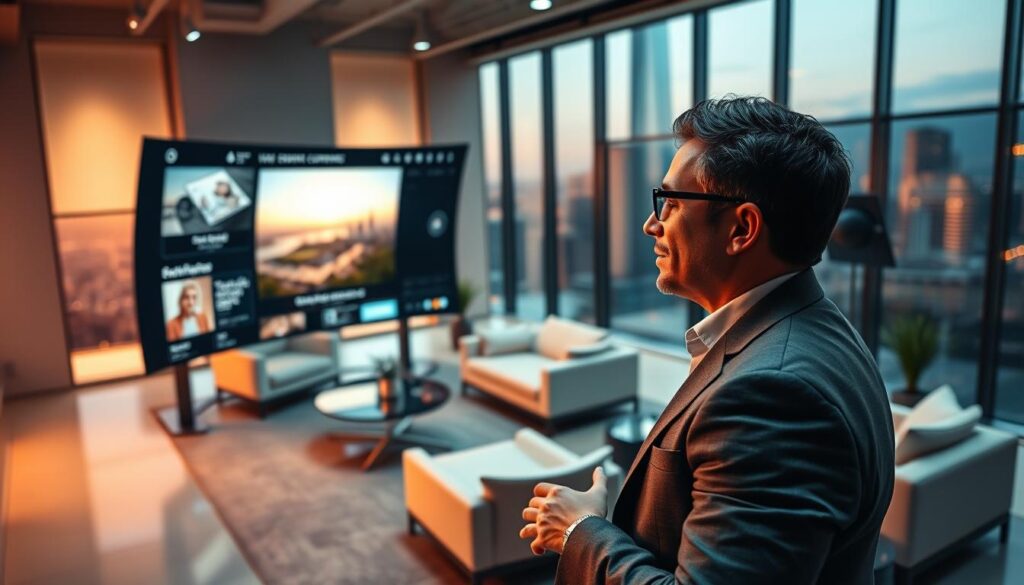 A sleek, modern office setting with a large, curved display screen prominently showcasing personalized content recommendations powered by advanced AI algorithms. In the foreground, a stylish executive intently examining the screen, their expression conveying deep fascination and engagement. The middle ground features tasteful, minimalist office furnishings arranged in a visually appealing layout. The background depicts a panoramic cityscape, hinting at the far-reaching impact of this AI-driven content curation. Warm, diffused lighting creates a sense of sophistication, while the camera angle emphasizes the seamless integration of technology and user experience. The overall atmosphere reflects the effortless and compelling nature of AI-powered content recommendations that drive user engagement and, ultimately, business success. A sleek, modern office setting with a large, curved display screen prominently showcasing personalized content recommendations powered by advanced AI algorithms. In the foreground, a stylish executive intently examining the screen, their expression conveying deep fascination and engagement. The middle ground features tasteful, minimalist office furnishings arranged in a visually appealing layout. The background depicts a panoramic cityscape, hinting at the far-reaching impact of this AI-driven content curation. Warm, diffused lighting creates a sense of sophistication, while the camera angle emphasizes the seamless integration of technology and user experience. The overall atmosphere reflects the effortless and compelling nature of AI-powered content recommendations that drive user engagement and, ultimately, business success.