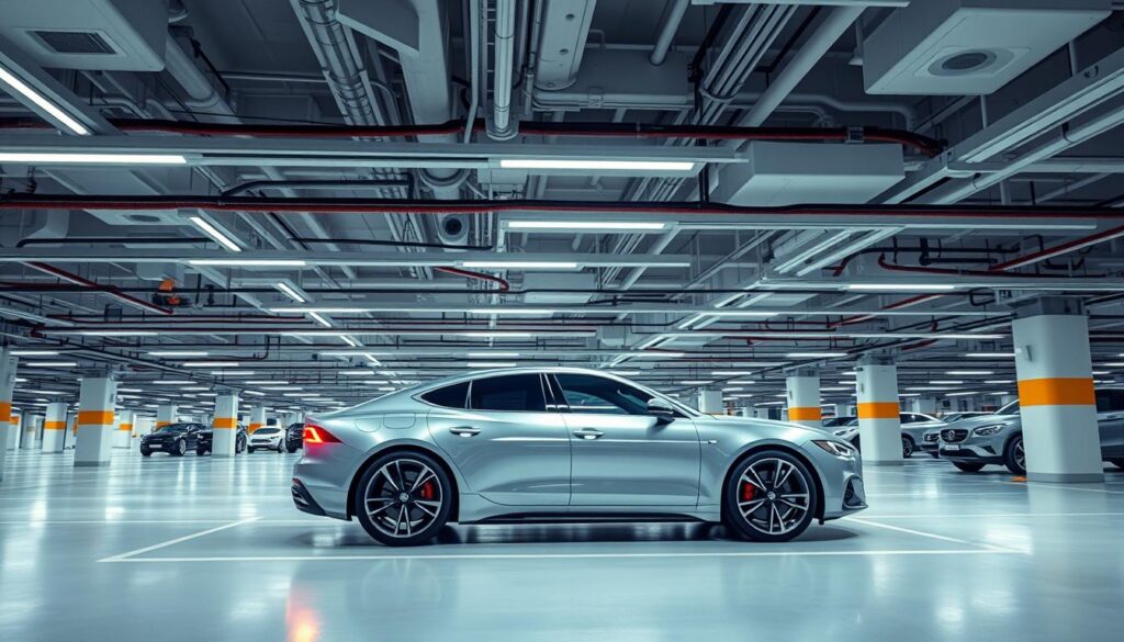 A sleek, modern parking garage with an intricate network of sensors and robotic arms. In the foreground, a luxury car glides seamlessly into a designated spot, guided by a complex automated parking system. The middle ground showcases the intricate machinery and motorized lifts that efficiently move vehicles into their designated spaces. The background features a minimalist, high-tech aesthetic with clean lines, LED lighting, and a sense of futuristic efficiency. The image conveys a vision of a sophisticated, hassle-free parking experience, where the hunt for a spot is a thing of the past. A sleek, modern parking garage with an intricate network of sensors and robotic arms. In the foreground, a luxury car glides seamlessly into a designated spot, guided by a complex automated parking system. The middle ground showcases the intricate machinery and motorized lifts that efficiently move vehicles into their designated spaces. The background features a minimalist, high-tech aesthetic with clean lines, LED lighting, and a sense of futuristic efficiency. The image conveys a vision of a sophisticated, hassle-free parking experience, where the hunt for a spot is a thing of the past.