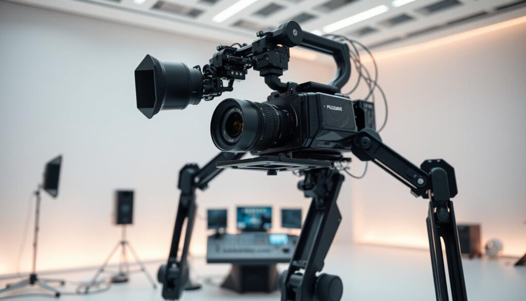 A sleek, robotic filmmaking rig dominates the frame, its mechanical limbs and precision-engineered components creating a sense of technological prowess. In the foreground, a camera module with a high-quality lens surveys the scene, its movements guided by advanced algorithms and sensors. In the middle ground, a control console with an array of screens and dials allows a human operator to fine-tune the shot, blending artistic vision with computational power. The background depicts a futuristic, minimalist studio space, with soft, indirect lighting casting a warm, ethereal glow and lending an air of creative contemplation to the entire setup. A sleek, robotic filmmaking rig dominates the frame, its mechanical limbs and precision-engineered components creating a sense of technological prowess. In the foreground, a camera module with a high-quality lens surveys the scene, its movements guided by advanced algorithms and sensors. In the middle ground, a control console with an array of screens and dials allows a human operator to fine-tune the shot, blending artistic vision with computational power. The background depicts a futuristic, minimalist studio space, with soft, indirect lighting casting a warm, ethereal glow and lending an air of creative contemplation to the entire setup.