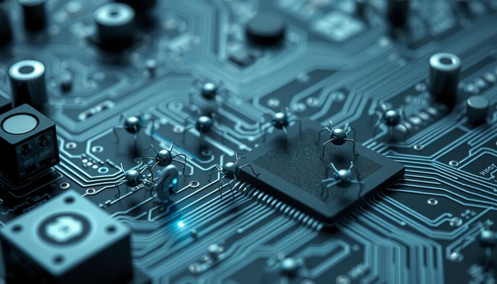 A sleekly designed nanorobotic swarm cautiously probes a complex circuit board, seeking vulnerabilities in its defense systems. The tiny machines, each just nanometers in size, dart and weave through the intricate web of electronic pathways, their sensors acutely attuned to the slightest weaknesses. Amidst the stark metallic tones of the board, an eerie blue glow emanates from the nanotech, casting an ominous light on the potential for invisible, pervasive surveillance. The scene is both captivating and unsettling, hinting at the dual-edged nature of this emerging technology. A sleekly designed nanorobotic swarm cautiously probes a complex circuit board, seeking vulnerabilities in its defense systems. The tiny machines, each just nanometers in size, dart and weave through the intricate web of electronic pathways, their sensors acutely attuned to the slightest weaknesses. Amidst the stark metallic tones of the board, an eerie blue glow emanates from the nanotech, casting an ominous light on the potential for invisible, pervasive surveillance. The scene is both captivating and unsettling, hinting at the dual-edged nature of this emerging technology.