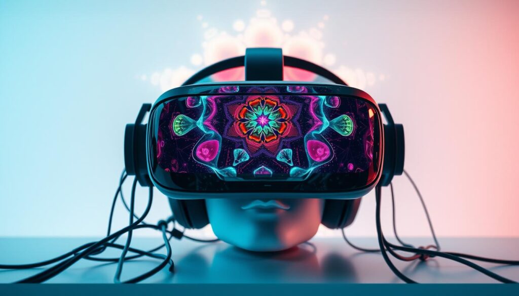 A sleekly designed virtual reality headset rests on a futuristic, minimalist workstation, surrounded by a network of interconnected cables and neural sensors. The user's face is obscured, their attention fully immersed in a vibrant, kaleidoscopic landscape of abstract shapes and patterns that seem to pulsate with an inner energy. The lighting is soft and diffused, creating a serene, almost meditative atmosphere, while the overall composition suggests a seamless integration of technology and the human mind, hinting at the boundless possibilities of brain-connected entertainment. A sleekly designed virtual reality headset rests on a futuristic, minimalist workstation, surrounded by a network of interconnected cables and neural sensors. The user's face is obscured, their attention fully immersed in a vibrant, kaleidoscopic landscape of abstract shapes and patterns that seem to pulsate with an inner energy. The lighting is soft and diffused, creating a serene, almost meditative atmosphere, while the overall composition suggests a seamless integration of technology and the human mind, hinting at the boundless possibilities of brain-connected entertainment.