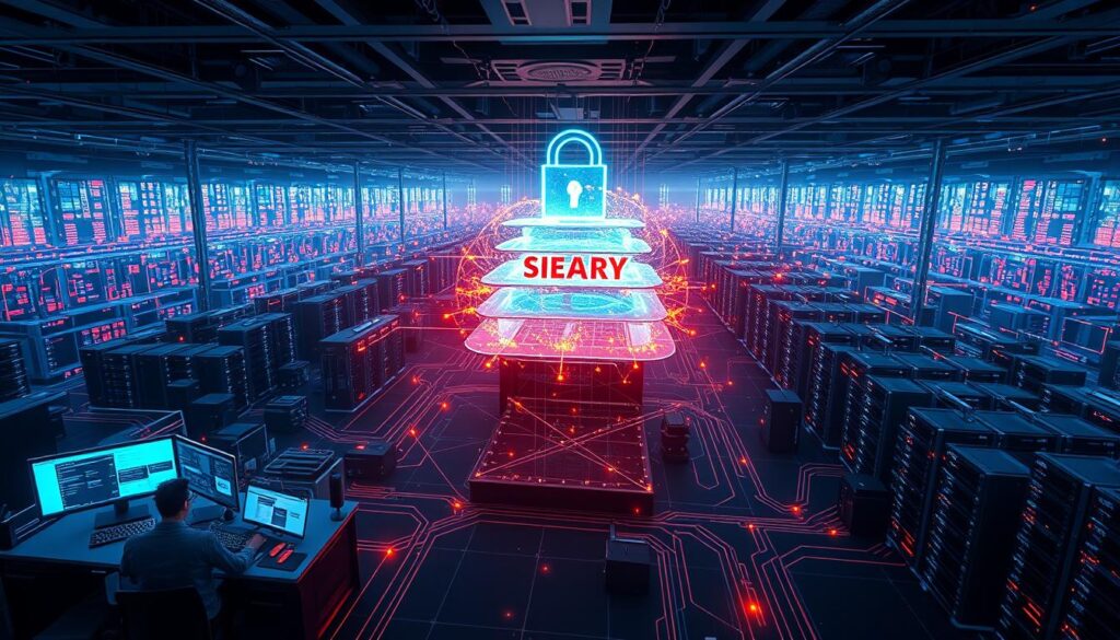 A sprawling cybersecurity infrastructure composed of interlocking systems and tools, illuminated by a grid of holographic displays. In the foreground, a sleek security operations center with analysts monitoring a dynamic dashboard. The middle ground features a layered stack of software modules - SIEM, SOAR, EDR - linked by glowing data streams. In the background, a vast network of servers and storage arrays, secured by next-gen firewalls and intrusion detection systems. The scene is bathed in a cool, futuristic glow, evoking a sense of technological sophistication and control over the digital landscape. A sprawling cybersecurity infrastructure composed of interlocking systems and tools, illuminated by a grid of holographic displays. In the foreground, a sleek security operations center with analysts monitoring a dynamic dashboard. The middle ground features a layered stack of software modules - SIEM, SOAR, EDR - linked by glowing data streams. In the background, a vast network of servers and storage arrays, secured by next-gen firewalls and intrusion detection systems. The scene is bathed in a cool, futuristic glow, evoking a sense of technological sophistication and control over the digital landscape.