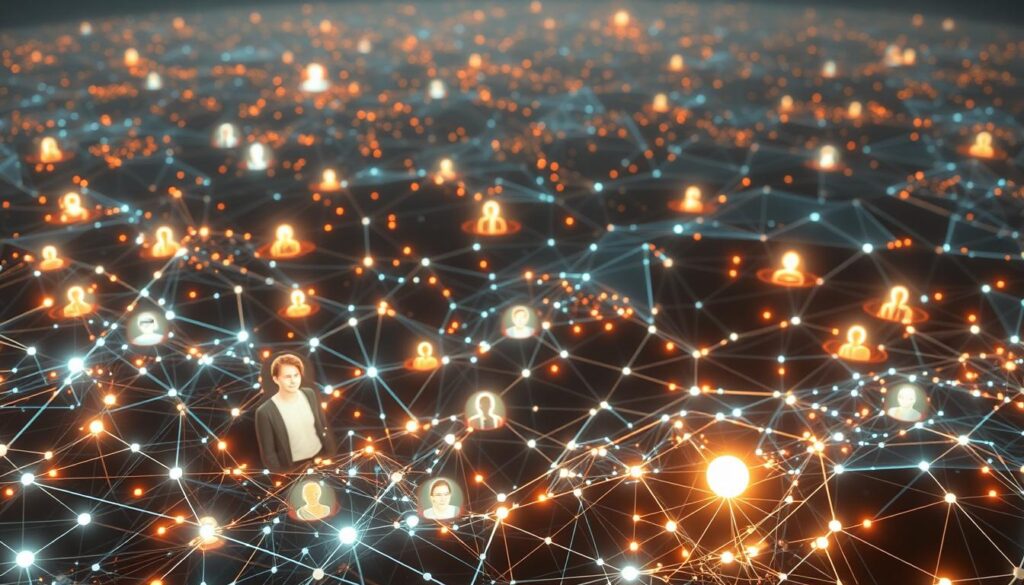 A sprawling digital landscape, illuminated by the glow of data streams and algorithmic pulses. In the foreground, a tangle of interconnected nodes and lines, representing the intricate web of AI-driven matchmaking processes. The middle ground features stylized representations of human profiles, their identities and preferences seamlessly integrated into the computational matrix. In the background, a backdrop of abstract geometric patterns and glowing orbs, symbolizing the complex analytical layers that power these innovative dating algorithms. Soft, diffused lighting casts an ethereal, almost mystical atmosphere over the scene, evoking the blend of technology and human emotion at the heart of this AI-enabled matchmaking revolution. A sprawling digital landscape, illuminated by the glow of data streams and algorithmic pulses. In the foreground, a tangle of interconnected nodes and lines, representing the intricate web of AI-driven matchmaking processes. The middle ground features stylized representations of human profiles, their identities and preferences seamlessly integrated into the computational matrix. In the background, a backdrop of abstract geometric patterns and glowing orbs, symbolizing the complex analytical layers that power these innovative dating algorithms. Soft, diffused lighting casts an ethereal, almost mystical atmosphere over the scene, evoking the blend of technology and human emotion at the heart of this AI-enabled matchmaking revolution.