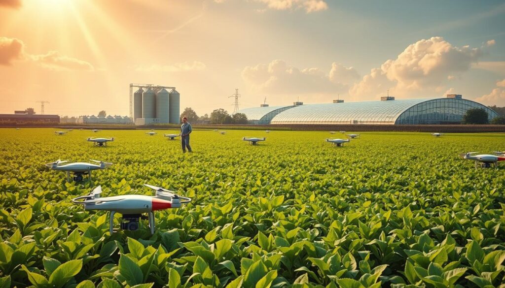 A sprawling field of lush green crops, meticulously tended by a fleet of autonomous robotic harvesters and drones. In the background, towering silos and futuristic greenhouses, powered by advanced AI systems that optimize irrigation, pest control, and yield prediction. Beams of golden sunlight filter through wispy clouds, illuminating the scene with a sense of technological wonder. In the foreground, a lone farmer, hands clasped, observing the precision and efficiency of the robotic workforce, a subtle smile of awe and pride on their face. This is the future of farming, where technology and nature coexist in perfect harmony, revolutionizing the way we cultivate the land. A sprawling field of lush green crops, meticulously tended by a fleet of autonomous robotic harvesters and drones. In the background, towering silos and futuristic greenhouses, powered by advanced AI systems that optimize irrigation, pest control, and yield prediction. Beams of golden sunlight filter through wispy clouds, illuminating the scene with a sense of technological wonder. In the foreground, a lone farmer, hands clasped, observing the precision and efficiency of the robotic workforce, a subtle smile of awe and pride on their face. This is the future of farming, where technology and nature coexist in perfect harmony, revolutionizing the way we cultivate the land.