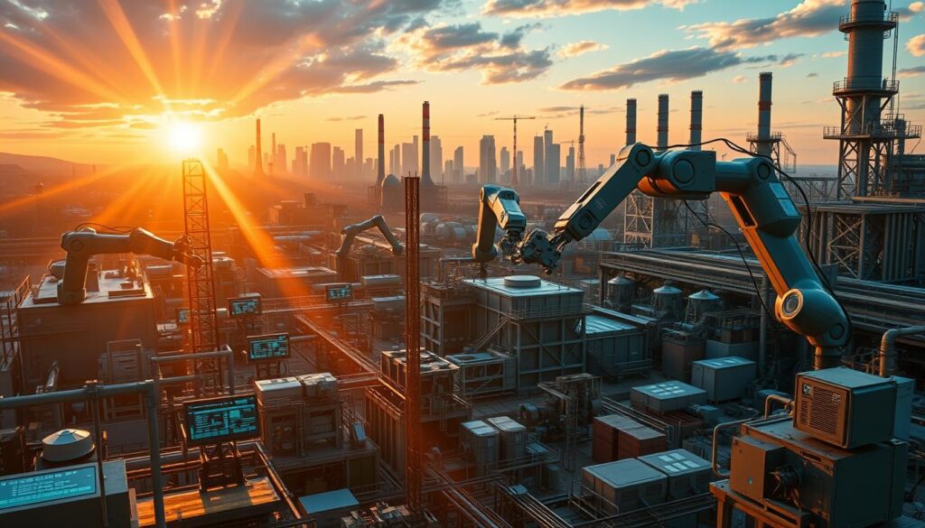 A sprawling industrial complex, with gleaming steel structures and towering smokestacks, stands against a backdrop of a vibrant skyline. In the foreground, robotic arms and automated machinery gracefully perform a choreographed dance, their movements precise and efficient. Amidst the whirring of servos and the hum of engines, a subtle glow emanates from control panels, where lines of code and data visualizations hint at the unseen intelligence guiding the operations. Rays of warm, golden light filter through windows, casting a sense of energy and productivity. The scene conveys the seamless integration of cutting-edge technology and human ingenuity, shaping the future of industry in the era of AI-driven automation. A sprawling industrial complex, with gleaming steel structures and towering smokestacks, stands against a backdrop of a vibrant skyline. In the foreground, robotic arms and automated machinery gracefully perform a choreographed dance, their movements precise and efficient. Amidst the whirring of servos and the hum of engines, a subtle glow emanates from control panels, where lines of code and data visualizations hint at the unseen intelligence guiding the operations. Rays of warm, golden light filter through windows, casting a sense of energy and productivity. The scene conveys the seamless integration of cutting-edge technology and human ingenuity, shaping the future of industry in the era of AI-driven automation.