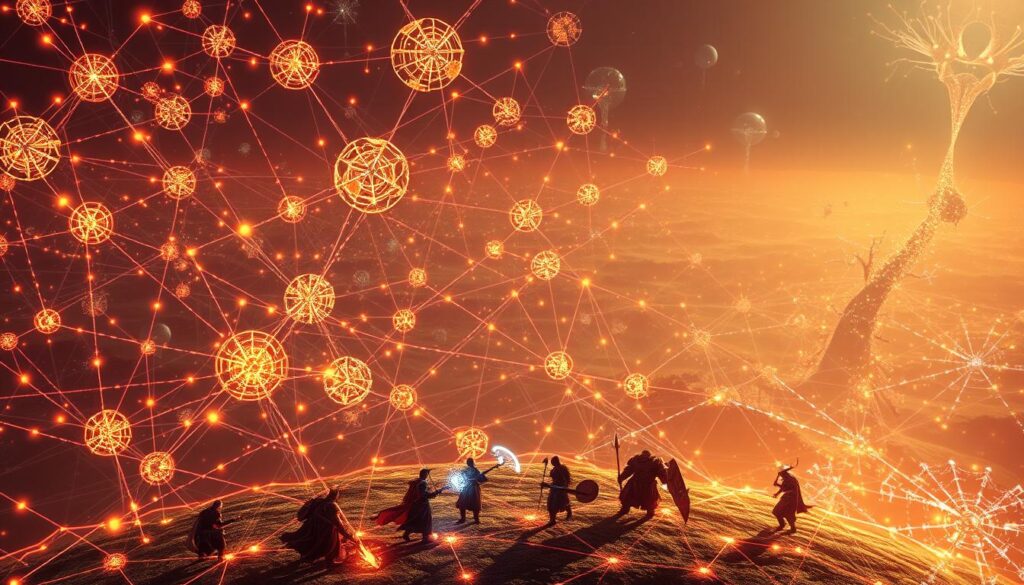 A sprawling landscape of interconnected neural networks, each a glowing nexus of pulsing nodes and luminous synaptic connections. In the foreground, a group of game characters - warriors, mages, and creatures - engaging in a dynamic dance of decision-making, their actions guided by the intricate web of neural pathways. The middle ground reveals the inner workings of this intelligent system, with data streams and information flows visualized as vibrant ribbons of light. In the background, a vast, ethereal realm of abstract shapes and generative patterns, hinting at the boundless potential of neural networks to shape the future of gaming. Bathed in a warm, ambient glow, the scene conveys a sense of technological wonder and the seamless integration of artificial intelligence into the interactive, immersive world of video games. A sprawling landscape of interconnected neural networks, each a glowing nexus of pulsing nodes and luminous synaptic connections. In the foreground, a group of game characters - warriors, mages, and creatures - engaging in a dynamic dance of decision-making, their actions guided by the intricate web of neural pathways. The middle ground reveals the inner workings of this intelligent system, with data streams and information flows visualized as vibrant ribbons of light. In the background, a vast, ethereal realm of abstract shapes and generative patterns, hinting at the boundless potential of neural networks to shape the future of gaming. Bathed in a warm, ambient glow, the scene conveys a sense of technological wonder and the seamless integration of artificial intelligence into the interactive, immersive world of video games.