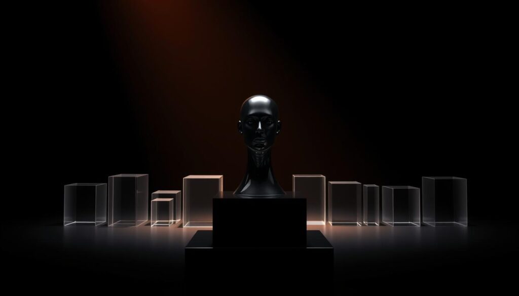 A stark, minimalist scene depicting the ethical dilemmas of AI influencers. In the foreground, a disembodied digital avatar, its face obscured by a mirrored reflective surface, sits atop a plinth of sleek black glass. The avatar is illuminated by a single beam of warm, directional light, casting dramatic shadows and highlighting the ambiguity and opacity of its digital identity. In the middle ground, a series of geometric prisms and cubes, some transparent, others opaque, represent the layers of algorithms, data, and programming that underpin the AI influencer. The background is a void of deep, inky blackness, evoking the sense of an ethical void or regulatory vacuum surrounding these emerging technologies. The overall tone is one of unease, inviting the viewer to contemplate the transparency and accountability of AI-driven social influence. A stark, minimalist scene depicting the ethical dilemmas of AI influencers. In the foreground, a disembodied digital avatar, its face obscured by a mirrored reflective surface, sits atop a plinth of sleek black glass. The avatar is illuminated by a single beam of warm, directional light, casting dramatic shadows and highlighting the ambiguity and opacity of its digital identity. In the middle ground, a series of geometric prisms and cubes, some transparent, others opaque, represent the layers of algorithms, data, and programming that underpin the AI influencer. The background is a void of deep, inky blackness, evoking the sense of an ethical void or regulatory vacuum surrounding these emerging technologies. The overall tone is one of unease, inviting the viewer to contemplate the transparency and accountability of AI-driven social influence.