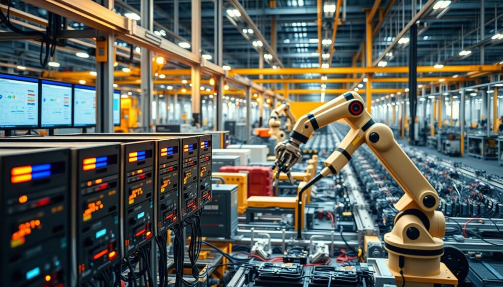 A state-of-the-art manufacturing facility, bathed in the warm glow of industrial lighting. In the foreground, a network of sleek, interconnected edge computing devices monitoring the production line, their LED indicators pulsing with real-time data. The middle ground showcases a robotic arm gracefully manipulating intricate components, its movements guided by intelligent algorithms. In the background, a sprawling array of Internet of Things (IoT) sensors and actuators, seamlessly integrating physical and digital realms. The scene conveys a sense of efficiency, innovation, and the seamless convergence of edge computing and manufacturing, shaping the future of Industry 4.0. A state-of-the-art manufacturing facility, bathed in the warm glow of industrial lighting. In the foreground, a network of sleek, interconnected edge computing devices monitoring the production line, their LED indicators pulsing with real-time data. The middle ground showcases a robotic arm gracefully manipulating intricate components, its movements guided by intelligent algorithms. In the background, a sprawling array of Internet of Things (IoT) sensors and actuators, seamlessly integrating physical and digital realms. The scene conveys a sense of efficiency, innovation, and the seamless convergence of edge computing and manufacturing, shaping the future of Industry 4.0.
