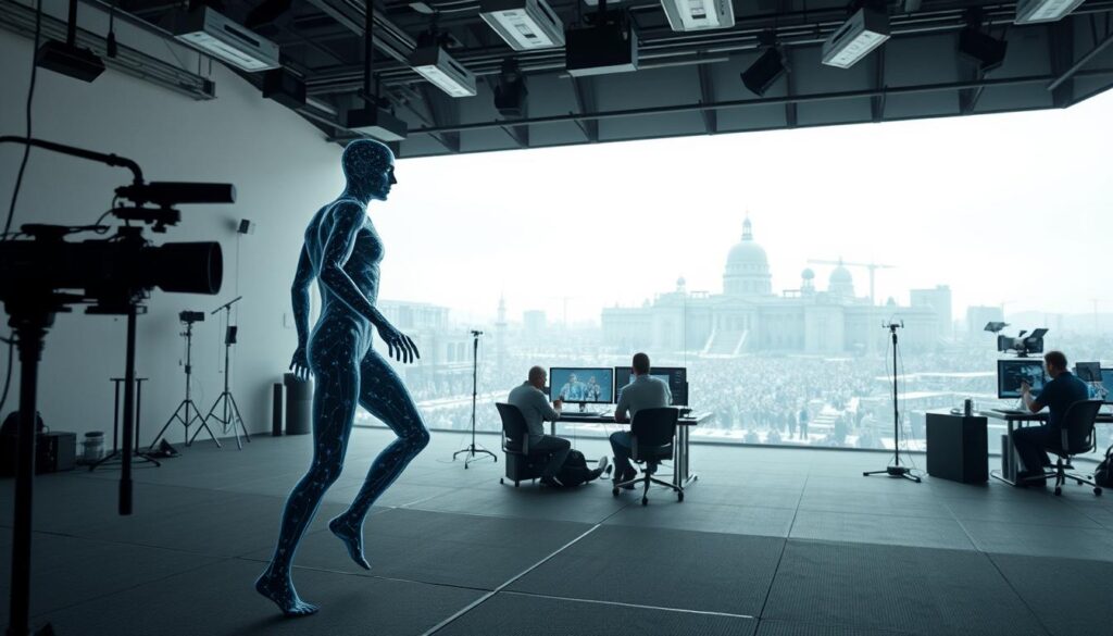A state-of-the-art motion capture studio, bathed in soft, diffused lighting. In the foreground, a digital human actor moves fluidly, their virtual form seamlessly integrated with the live-action scene. Cameras and sensors track their every movement, feeding data to powerful AI systems that streamline the production process. In the middle ground, a team of technicians monitor screens, refining the performance in real-time. The background reveals a sprawling, futuristic film set, hinting at the scale and complexity of modern cinema, where machine learning revolutionizes the art of storytelling. A state-of-the-art motion capture studio, bathed in soft, diffused lighting. In the foreground, a digital human actor moves fluidly, their virtual form seamlessly integrated with the live-action scene. Cameras and sensors track their every movement, feeding data to powerful AI systems that streamline the production process. In the middle ground, a team of technicians monitor screens, refining the performance in real-time. The background reveals a sprawling, futuristic film set, hinting at the scale and complexity of modern cinema, where machine learning revolutionizes the art of storytelling.