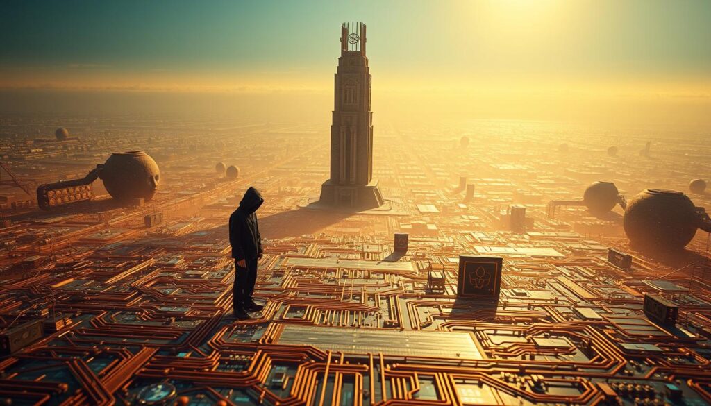 A surreal digital landscape, where the lines between morality and technology blur. In the foreground, a intricate network of interconnected circuits and code fragments, weaving a complex web of ethical dilemmas. Amidst the technological maze, a lone figure stands, their face obscured by a digital mask, hinting at the duality of their intentions. The middle ground is dominated by a towering structure, its architecture a blend of sleek, modern lines and ancient symbols, representing the evolving nature of hacking ethics. In the distant background, a horizon of shifting, holographic planes, casting a enigmatic glow over the entire scene, suggesting the ever-changing, unpredictable nature of this realm. Warm, golden lighting filters through, creating a sense of depth and atmosphere, while a subtle, unsettling tension pervades the image, inviting the viewer to ponder the complexities of hacking morality. A surreal digital landscape, where the lines between morality and technology blur. In the foreground, a intricate network of interconnected circuits and code fragments, weaving a complex web of ethical dilemmas. Amidst the technological maze, a lone figure stands, their face obscured by a digital mask, hinting at the duality of their intentions. The middle ground is dominated by a towering structure, its architecture a blend of sleek, modern lines and ancient symbols, representing the evolving nature of hacking ethics. In the distant background, a horizon of shifting, holographic planes, casting a enigmatic glow over the entire scene, suggesting the ever-changing, unpredictable nature of this realm. Warm, golden lighting filters through, creating a sense of depth and atmosphere, while a subtle, unsettling tension pervades the image, inviting the viewer to ponder the complexities of hacking morality.