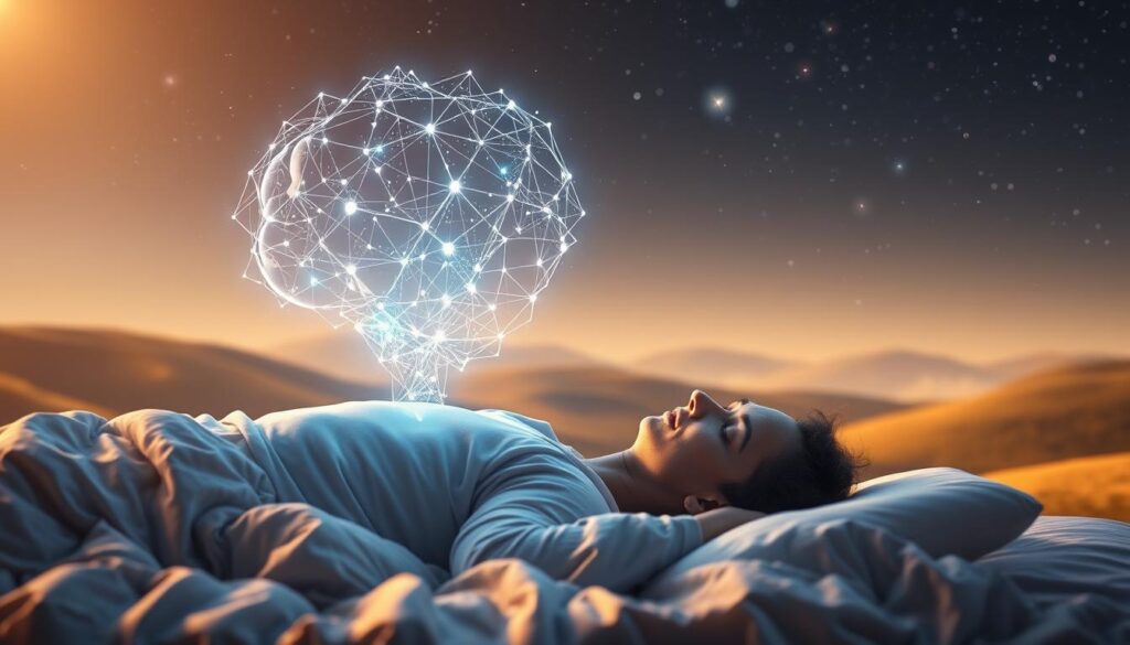 A surreal, dreamlike scene of AI-powered dream analysis. In the foreground, a human subject lies asleep, their mind an intricate web of subconscious thoughts and emotions. Floating above them, a glowing neural network decoder interprets the dream data, translating the abstract imagery into visualized insights. The background is a softly blurred landscape of rolling hills and a starry night sky, creating a sense of tranquility and the expansiveness of the human mind. Warm lighting bathes the scene, evoking a therapeutic, meditative atmosphere. The overall impression is one of the profound potential of AI-assisted dream analysis to uncover the mysteries of the subconscious. A surreal, dreamlike scene of AI-powered dream analysis. In the foreground, a human subject lies asleep, their mind an intricate web of subconscious thoughts and emotions. Floating above them, a glowing neural network decoder interprets the dream data, translating the abstract imagery into visualized insights. The background is a softly blurred landscape of rolling hills and a starry night sky, creating a sense of tranquility and the expansiveness of the human mind. Warm lighting bathes the scene, evoking a therapeutic, meditative atmosphere. The overall impression is one of the profound potential of AI-assisted dream analysis to uncover the mysteries of the subconscious.