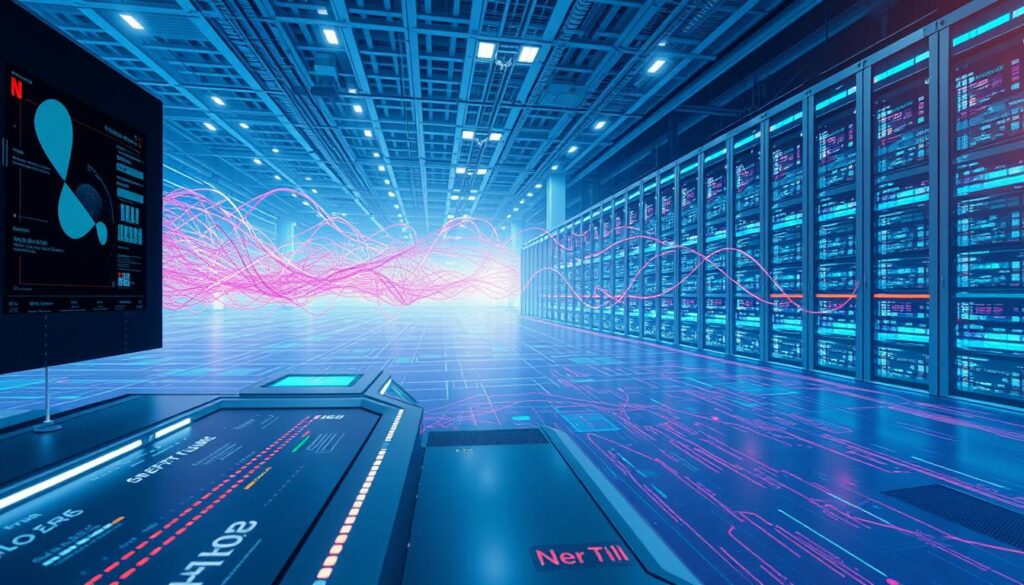 A vast, futuristic landscape stretching out before the viewer, dominated by the core technologies powering the AI algorithms behind Netflix, Spotify, and TikTok. In the foreground, a sleek, minimalist control panel with pulsing lights and holographic interfaces. In the middle ground, interlocking neural networks and data streams flow in vibrant colors, visualizing the complex algorithms that drive the personalization and recommendation engines. In the background, a towering server farm, its racks of gleaming hardware humming with the processing power needed to crunch the endless terabytes of user data. The scene is bathed in a cool, futuristic glow, with subtle ambient lighting and cinematic camera angles that convey a sense of power, innovation, and the unstoppable force of AI-driven technology. tech algorithms in media