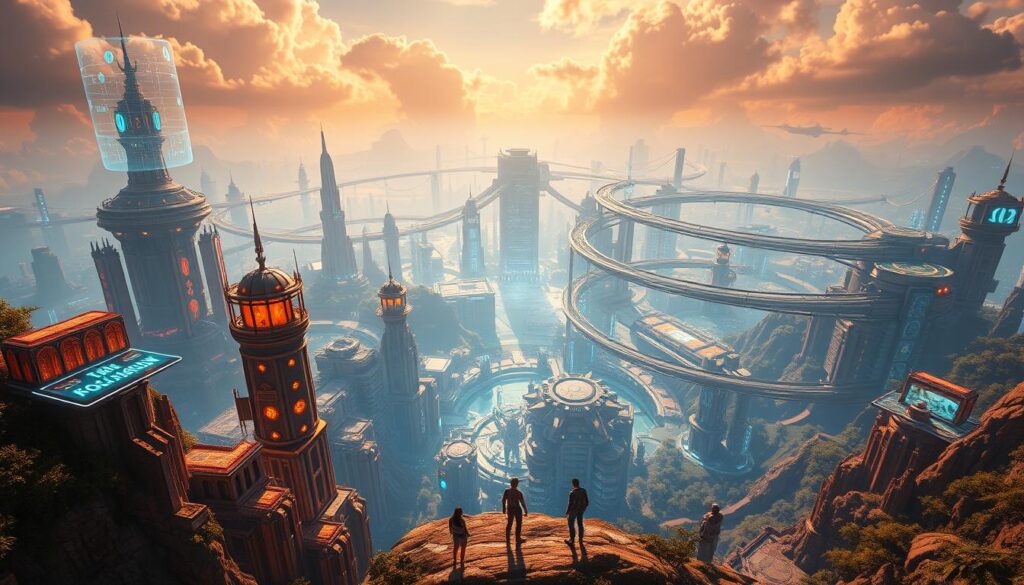 A vast, immersive gaming landscape, where the boundaries between the digital and physical realms blur. In the foreground, towering virtual structures and holographic interfaces beckon the user, inviting them to explore this boundless metaverse. The middle ground is populated by dynamic, customizable avatars navigating through expansive, interconnected environments. In the background, a panoramic vista of shimmering skyscrapers, lush landscapes, and futuristic transportation networks set the stage for a truly boundless gaming experience. Warm, vibrant lighting casts a glow over the scene, amplifying the sense of wonder and boundless possibility. Captured with a wide-angle lens to convey the grand scale and immersive nature of this gaming metaverse. A vast, immersive gaming landscape, where the boundaries between the digital and physical realms blur. In the foreground, towering virtual structures and holographic interfaces beckon the user, inviting them to explore this boundless metaverse. The middle ground is populated by dynamic, customizable avatars navigating through expansive, interconnected environments. In the background, a panoramic vista of shimmering skyscrapers, lush landscapes, and futuristic transportation networks set the stage for a truly boundless gaming experience. Warm, vibrant lighting casts a glow over the scene, amplifying the sense of wonder and boundless possibility. Captured with a wide-angle lens to convey the grand scale and immersive nature of this gaming metaverse.