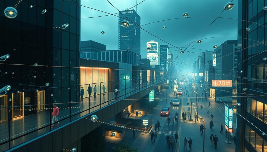 A vast, interconnected network of microscopic surveillance devices seamlessly integrated into the urban landscape. Sleek, unobtrusive nano-sensors camouflaged within the fabric of modern architecture - embedded in walls, floors, and ceilings. Omniscient eyes peer through the smallest cracks and crevices, monitoring the movements and activities of unsuspecting citizens. Meticulously designed to blend into the environment, this invisible infrastructure gathers data, analyzes patterns, and maps the behavior of the populace. The eerie, unsettling atmosphere is amplified by the unseen nature of this pervasive surveillance - a silent, ever-watchful presence, quietly observing the rhythms of everyday life. A vast, interconnected network of microscopic surveillance devices seamlessly integrated into the urban landscape. Sleek, unobtrusive nano-sensors camouflaged within the fabric of modern architecture - embedded in walls, floors, and ceilings. Omniscient eyes peer through the smallest cracks and crevices, monitoring the movements and activities of unsuspecting citizens. Meticulously designed to blend into the environment, this invisible infrastructure gathers data, analyzes patterns, and maps the behavior of the populace. The eerie, unsettling atmosphere is amplified by the unseen nature of this pervasive surveillance - a silent, ever-watchful presence, quietly observing the rhythms of everyday life.