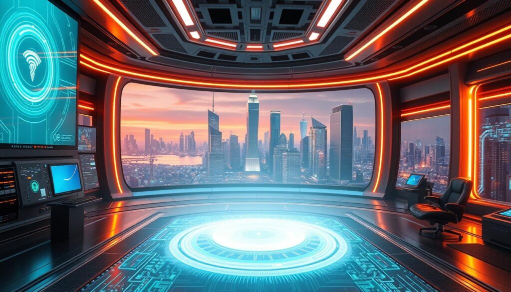 A vast, sleek control center with holographic displays showcasing the intricate inner workings of an extended-range wireless charging system. In the foreground, a suspended energy field radiates with a subtle glow, hinting at the advanced technology at play. The middle ground features an array of high-tech components and circuits, while the background depicts a futuristic cityscape with towering skyscrapers and a vibrant, neon-infused skyline. The scene is illuminated by a combination of warm, directional lighting and cool, ambient tones, creating a visually striking and immersive atmosphere that captures the essence of this game-changing long-distance wireless charging technology. A vast, sleek control center with holographic displays showcasing the intricate inner workings of an extended-range wireless charging system. In the foreground, a suspended energy field radiates with a subtle glow, hinting at the advanced technology at play. The middle ground features an array of high-tech components and circuits, while the background depicts a futuristic cityscape with towering skyscrapers and a vibrant, neon-infused skyline. The scene is illuminated by a combination of warm, directional lighting and cool, ambient tones, creating a visually striking and immersive atmosphere that captures the essence of this game-changing long-distance wireless charging technology.