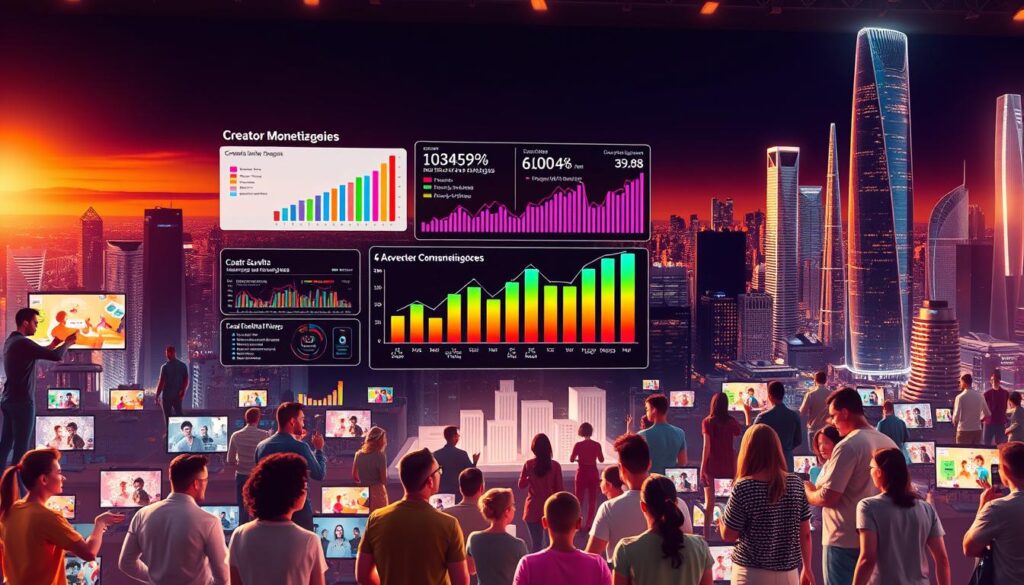 A vibrant and dynamic scene depicting the evolution of creator monetization strategies. In the foreground, a diverse group of digital creators showcase their unique content and revenue streams - from interactive livestreams, to curated online marketplaces, to subscription-based membership models. The middle ground features a data visualization displaying the rapid growth and shifting landscape of the creator economy, with colorful charts and infographics. In the background, a sleek and futuristic cityscape represents the technological advancements enabling these new monetization strategies, with towering skyscrapers and gleaming interfaces. Warm lighting casts a hopeful glow, conveying the excitement and opportunity inherent in this evolving creator ecosystem. A vibrant and dynamic scene depicting the evolution of creator monetization strategies. In the foreground, a diverse group of digital creators showcase their unique content and revenue streams - from interactive livestreams, to curated online marketplaces, to subscription-based membership models. The middle ground features a data visualization displaying the rapid growth and shifting landscape of the creator economy, with colorful charts and infographics. In the background, a sleek and futuristic cityscape represents the technological advancements enabling these new monetization strategies, with towering skyscrapers and gleaming interfaces. Warm lighting casts a hopeful glow, conveying the excitement and opportunity inherent in this evolving creator ecosystem.