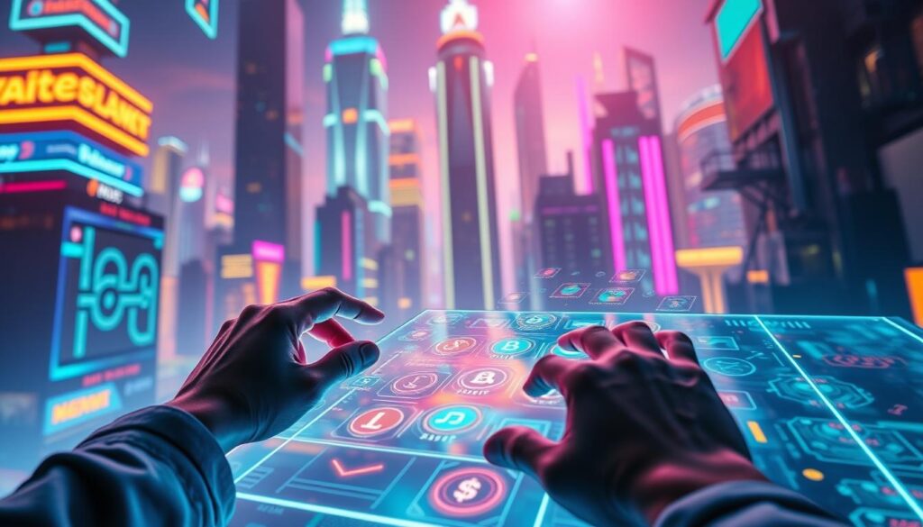 A vibrant and dynamic scene depicting the strategies of a play-to-earn game. In the foreground, a player navigates a futuristic virtual environment, their hands deftly controlling a sleek, holographic interface. The middle ground features a cascading array of colorful icons, representing various game mechanics and rewards. In the background, a towering, neon-lit cityscape serves as the backdrop, hinting at the immersive and high-tech nature of the game world. The lighting is a blend of cool, cyberpunk-inspired tones and warm, energizing hues, creating a sense of technological wonder and potential financial opportunity. The camera angle is slightly elevated, providing a bird's-eye view of the intricate interplay between the player, the gameplay systems, and the larger virtual landscape. A vibrant and dynamic scene depicting the strategies of a play-to-earn game. In the foreground, a player navigates a futuristic virtual environment, their hands deftly controlling a sleek, holographic interface. The middle ground features a cascading array of colorful icons, representing various game mechanics and rewards. In the background, a towering, neon-lit cityscape serves as the backdrop, hinting at the immersive and high-tech nature of the game world. The lighting is a blend of cool, cyberpunk-inspired tones and warm, energizing hues, creating a sense of technological wonder and potential financial opportunity. The camera angle is slightly elevated, providing a bird's-eye view of the intricate interplay between the player, the gameplay systems, and the larger virtual landscape.