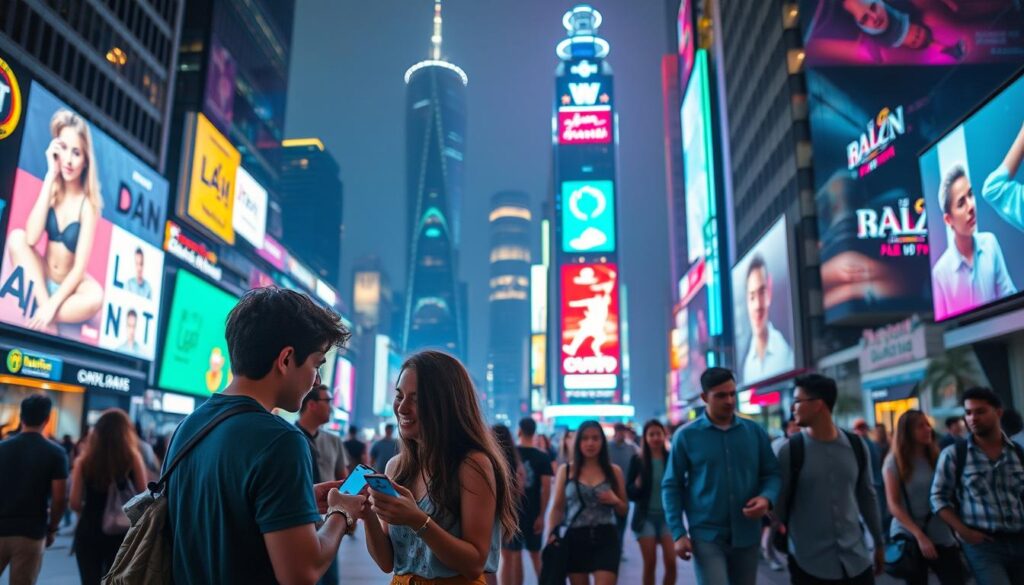A vibrant cityscape at night, neon lights casting a futuristic glow over the bustling streets. In the foreground, a group of young people engaged in lively conversation, their faces illuminated by the glow of their smartphones as they navigate the latest digital flirting trends. The middle ground features couples strolling hand-in-hand, their interactions a blend of physical and virtual connection. In the background, towering skyscrapers and holographic billboards reflect the rapid advancements in technology that are transforming the way we interact and connect. The scene is captured with a cinematic, wide-angle lens, conveying a sense of modern, urban romance and the evolving nature of interpersonal relationships in the digital age. A vibrant cityscape at night, neon lights casting a futuristic glow over the bustling streets. In the foreground, a group of young people engaged in lively conversation, their faces illuminated by the glow of their smartphones as they navigate the latest digital flirting trends. The middle ground features couples strolling hand-in-hand, their interactions a blend of physical and virtual connection. In the background, towering skyscrapers and holographic billboards reflect the rapid advancements in technology that are transforming the way we interact and connect. The scene is captured with a cinematic, wide-angle lens, conveying a sense of modern, urban romance and the evolving nature of interpersonal relationships in the digital age.