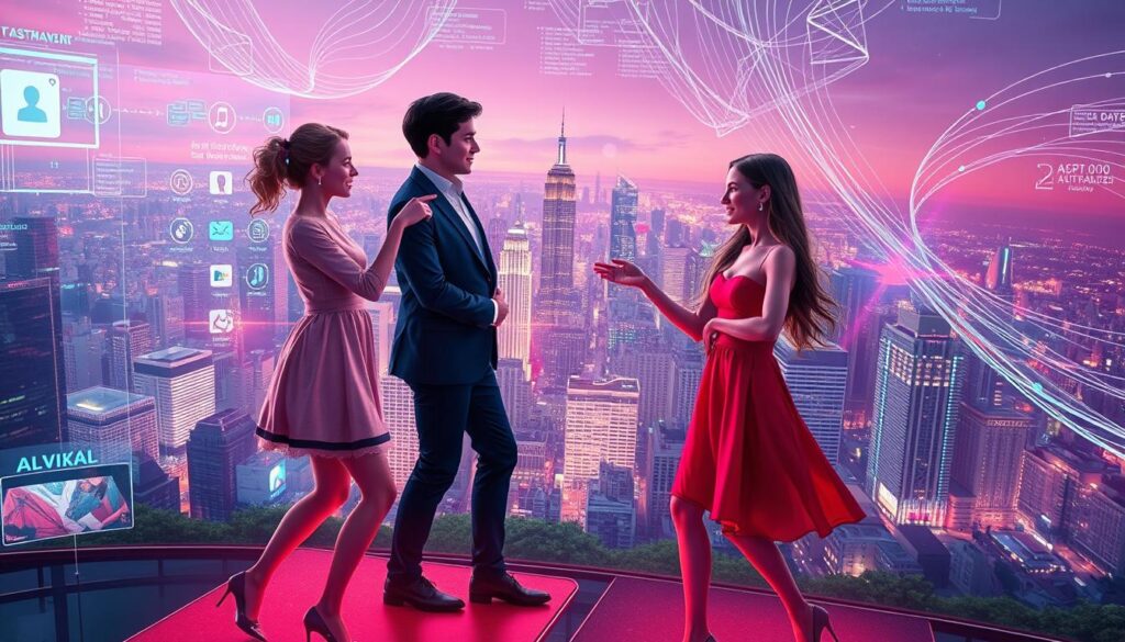 A vibrant digital landscape where flirtatious AI avatars dance across holographic screens, their interactions mirroring the evolving dynamics of modern romance. In the foreground, lifelike digital companions engage in playful exchanges, their movements and expressions subtly guiding the flow of conversation. The middle ground reveals a bustling cityscape, where sleek AR interfaces overlay the physical world, offering personalized matchmaking and real-time flirting suggestions. In the background, swirling data streams and cascading code fragments underscore the technical innovations that power this new era of AI-assisted relationships, blurring the boundaries between the digital and the physical. A vibrant digital landscape where flirtatious AI avatars dance across holographic screens, their interactions mirroring the evolving dynamics of modern romance. In the foreground, lifelike digital companions engage in playful exchanges, their movements and expressions subtly guiding the flow of conversation. The middle ground reveals a bustling cityscape, where sleek AR interfaces overlay the physical world, offering personalized matchmaking and real-time flirting suggestions. In the background, swirling data streams and cascading code fragments underscore the technical innovations that power this new era of AI-assisted relationships, blurring the boundaries between the digital and the physical.