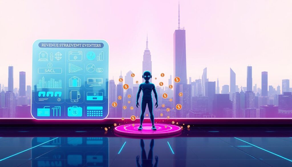 A vibrant, futuristic scene depicting the revenue streams of an AI influencer. In the foreground, a holographic display showcases various digital assets and revenue sources, including branded merchandise, virtual events, and AI-generated content. In the middle ground, a stylized avatar of the AI influencer stands, surrounded by a swarm of digital coins and currency symbols, symbolizing the financial success of their online presence. The background is a sleek, minimalist cityscape, bathed in neon hues and a futuristic aesthetic, hinting at the cutting-edge technology powering the AI influencer's empire. The scene is captured through a wide-angle lens, emphasizing the scale and complexity of the AI influencer's revenue ecosystem, creating a sense of awe and wonder. A vibrant, futuristic scene depicting the revenue streams of an AI influencer. In the foreground, a holographic display showcases various digital assets and revenue sources, including branded merchandise, virtual events, and AI-generated content. In the middle ground, a stylized avatar of the AI influencer stands, surrounded by a swarm of digital coins and currency symbols, symbolizing the financial success of their online presence. The background is a sleek, minimalist cityscape, bathed in neon hues and a futuristic aesthetic, hinting at the cutting-edge technology powering the AI influencer's empire. The scene is captured through a wide-angle lens, emphasizing the scale and complexity of the AI influencer's revenue ecosystem, creating a sense of awe and wonder.