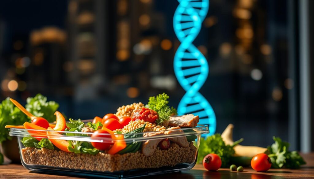 A vibrant still life showcasing the benefits of DNA-driven meal plans. In the foreground, a glass meal kit container filled with fresh, colorful ingredients - vegetables, whole grains, and lean proteins. Behind it, a DNA double helix model glows with an ethereal blue light, symbolizing the personalized, science-backed nature of the dietary advice. The background features a blurred cityscape, hinting at the modern, tech-driven approach to nutrition. Soft, directional lighting casts dramatic shadows, creating a sense of depth and highlighting the key elements. The overall mood is one of scientific rigor, wellness, and the promise of a healthier, more personalized future. A vibrant still life showcasing the benefits of DNA-driven meal plans. In the foreground, a glass meal kit container filled with fresh, colorful ingredients - vegetables, whole grains, and lean proteins. Behind it, a DNA double helix model glows with an ethereal blue light, symbolizing the personalized, science-backed nature of the dietary advice. The background features a blurred cityscape, hinting at the modern, tech-driven approach to nutrition. Soft, directional lighting casts dramatic shadows, creating a sense of depth and highlighting the key elements. The overall mood is one of scientific rigor, wellness, and the promise of a healthier, more personalized future.
