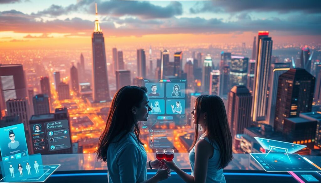 A virtual dating platform set in a sleek, modern digital landscape. In the foreground, a pair of avatars engage in a virtual date, their faces illuminated by the glow of holographic displays. The middle ground features a variety of virtual dating tools and interfaces, with customizable avatars, interactive environments, and real-time communication features. In the background, a vast cityscape of towering skyscrapers and neon-lit streets, conveying the sense of a thriving, interconnected digital world. The scene is bathed in a warm, futuristic lighting, creating an atmosphere of technological wonder and personal connection. A virtual dating platform set in a sleek, modern digital landscape. In the foreground, a pair of avatars engage in a virtual date, their faces illuminated by the glow of holographic displays. The middle ground features a variety of virtual dating tools and interfaces, with customizable avatars, interactive environments, and real-time communication features. In the background, a vast cityscape of towering skyscrapers and neon-lit streets, conveying the sense of a thriving, interconnected digital world. The scene is bathed in a warm, futuristic lighting, creating an atmosphere of technological wonder and personal connection.