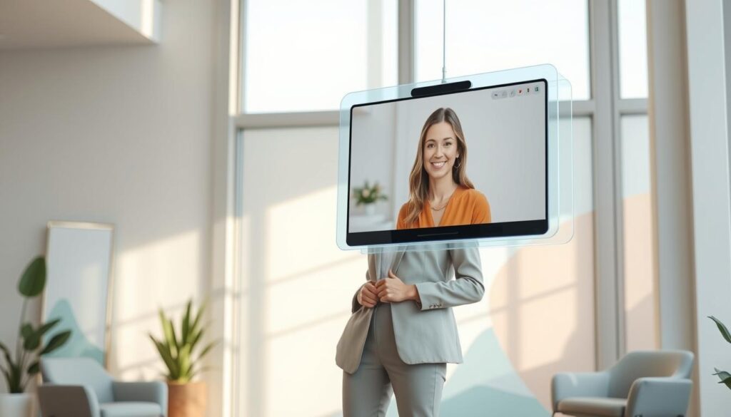 A virtual life coach standing in a modern, minimalist office space, illuminated by soft, natural lighting filtering through large windows. They have a calm, empathetic expression, dressed in professional attire, ready to guide and support a client through a video call displayed on a sleek, floating holographic interface. The background features abstract geometric shapes and soothing pastel tones, creating a sense of digital tranquility and focused personal growth. A virtual life coach standing in a modern, minimalist office space, illuminated by soft, natural lighting filtering through large windows. They have a calm, empathetic expression, dressed in professional attire, ready to guide and support a client through a video call displayed on a sleek, floating holographic interface. The background features abstract geometric shapes and soothing pastel tones, creating a sense of digital tranquility and focused personal growth.
