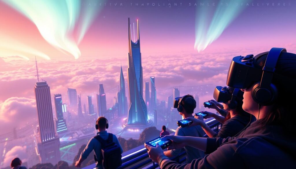 A visually striking 3D scene depicting the integration of gaming and the metaverse. In the foreground, a group of gamers immersed in a virtual reality headset, their hands wielding motion-tracked controllers, interacting with a dynamic, holographic display. In the middle ground, a bustling digital landscape of towering, neon-lit skyscrapers and floating platforms, populated by avatars and holograms. The background is a vast, expansive sky filled with shifting clouds and shimmering aurora borealis, creating a sense of scale and technological wonder. Cinematic lighting and depth of field further enhance the sense of depth and realism. The overall atmosphere is one of futuristic, immersive gaming experience seamlessly blended with metaverse elements. A visually striking 3D scene depicting the integration of gaming and the metaverse. In the foreground, a group of gamers immersed in a virtual reality headset, their hands wielding motion-tracked controllers, interacting with a dynamic, holographic display. In the middle ground, a bustling digital landscape of towering, neon-lit skyscrapers and floating platforms, populated by avatars and holograms. The background is a vast, expansive sky filled with shifting clouds and shimmering aurora borealis, creating a sense of scale and technological wonder. Cinematic lighting and depth of field further enhance the sense of depth and realism. The overall atmosphere is one of futuristic, immersive gaming experience seamlessly blended with metaverse elements.