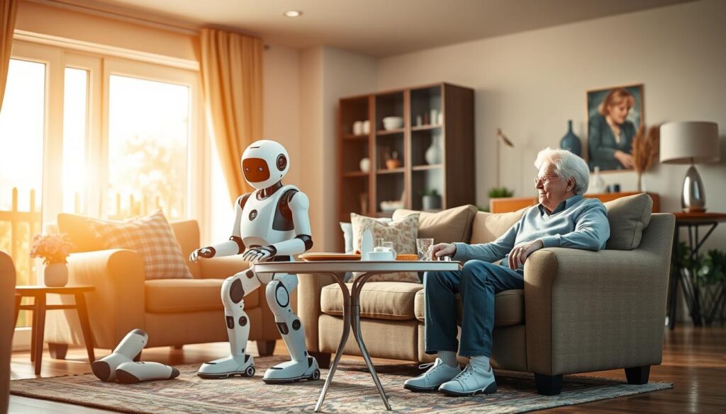 A warm, well-lit domestic scene featuring a pair of advanced elderly care robots assisting an elderly couple in their home. The robots, sleek and modern in design, are equipped with intuitive interfaces and gentle manipulator arms, carefully helping the couple with daily tasks like preparing a meal, setting the table, or adjusting the lighting. The elderly couple, sitting comfortably in plush armchairs, appear relaxed and content, enjoying the seamless, unobtrusive assistance of their robotic companions. The background showcases a cozy, inviting living space with tasteful furnishings and large windows allowing natural light to pour in, creating a sense of comfort and security. A warm, well-lit domestic scene featuring a pair of advanced elderly care robots assisting an elderly couple in their home. The robots, sleek and modern in design, are equipped with intuitive interfaces and gentle manipulator arms, carefully helping the couple with daily tasks like preparing a meal, setting the table, or adjusting the lighting. The elderly couple, sitting comfortably in plush armchairs, appear relaxed and content, enjoying the seamless, unobtrusive assistance of their robotic companions. The background showcases a cozy, inviting living space with tasteful furnishings and large windows allowing natural light to pour in, creating a sense of comfort and security.