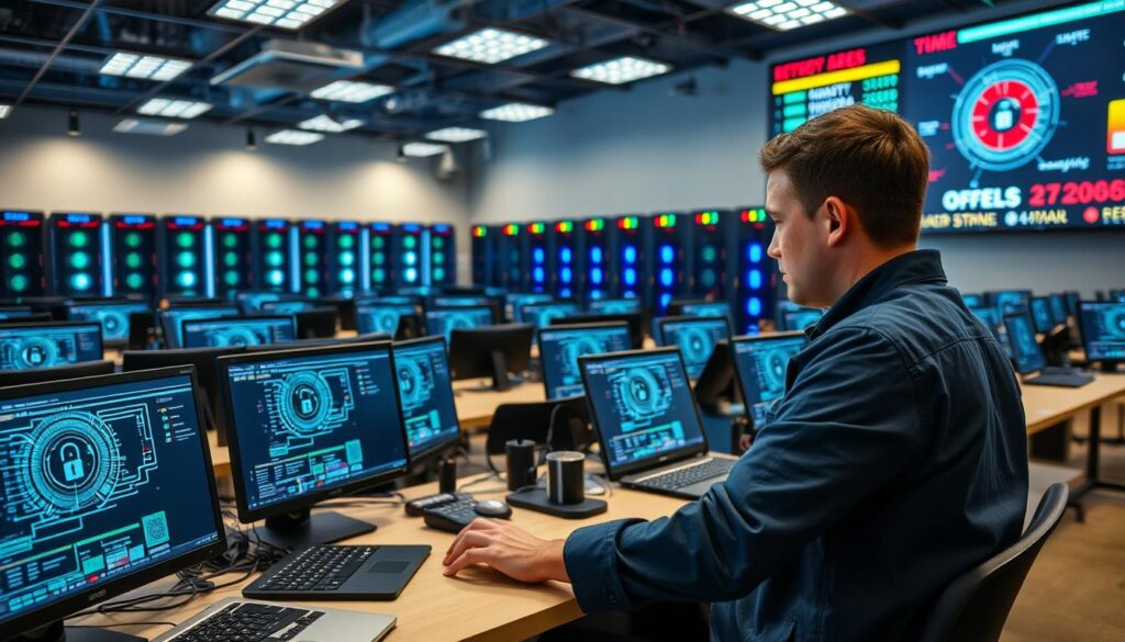A well-lit cybersecurity workplace, with desks arranged in an organized grid layout. On the desks, sleek laptops and desktop computers, their screens displaying intricate data visualizations and encryption algorithms. In the foreground, a technician intently focused, their fingers flying across the keyboard as they monitor security systems. The background is a maze of server racks, blinking lights, and a large wall-mounted display showing real-time threat detection and mitigation. The overall atmosphere is one of focused professionalism, with a sense of the importance of the work being done to protect against cyber threats. A well-lit cybersecurity workplace, with desks arranged in an organized grid layout. On the desks, sleek laptops and desktop computers, their screens displaying intricate data visualizations and encryption algorithms. In the foreground, a technician intently focused, their fingers flying across the keyboard as they monitor security systems. The background is a maze of server racks, blinking lights, and a large wall-mounted display showing real-time threat detection and mitigation. The overall atmosphere is one of focused professionalism, with a sense of the importance of the work being done to protect against cyber threats.