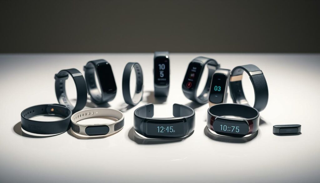 A well-lit, detailed display of various fitness trackers in a clean, minimalist setting. The trackers are arranged on a sleek, reflective surface, showcasing their modern designs and advanced features. The lighting is soft and directional, casting subtle shadows that accentuate the contours and materials of the devices. The background is a muted, neutral tone, allowing the fitness trackers to be the central focus. The composition is balanced and visually appealing, conveying a sense of technological sophistication and the latest advancements in wearable fitness technology. A well-lit, detailed display of various fitness trackers in a clean, minimalist setting. The trackers are arranged on a sleek, reflective surface, showcasing their modern designs and advanced features. The lighting is soft and directional, casting subtle shadows that accentuate the contours and materials of the devices. The background is a muted, neutral tone, allowing the fitness trackers to be the central focus. The composition is balanced and visually appealing, conveying a sense of technological sophistication and the latest advancements in wearable fitness technology.