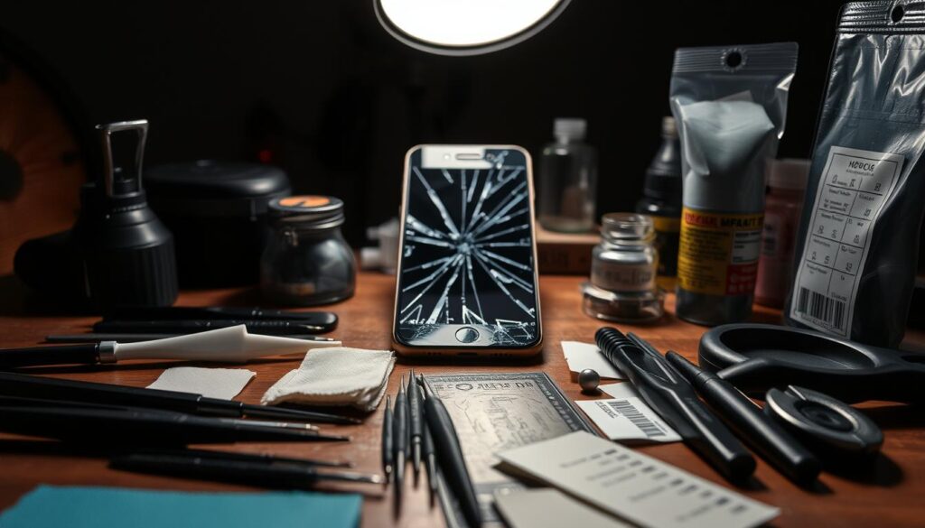 A well-stocked DIY screen repair kit, neatly arranged on a wooden workbench. In the foreground, an assortment of tools - tweezers, suction cups, microfiber cloths, and adhesive strips. In the middle ground, a cracked smartphone screen, its shattered glass waiting to be carefully removed and replaced. The background is dimly lit, casting dramatic shadows and highlighting the intricate components of the repair process. The overall atmosphere conveys a sense of focus and determination, as if the viewer is about to embark on a delicate task to restore a cherished device. A well-stocked DIY screen repair kit, neatly arranged on a wooden workbench. In the foreground, an assortment of tools - tweezers, suction cups, microfiber cloths, and adhesive strips. In the middle ground, a cracked smartphone screen, its shattered glass waiting to be carefully removed and replaced. The background is dimly lit, casting dramatic shadows and highlighting the intricate components of the repair process. The overall atmosphere conveys a sense of focus and determination, as if the viewer is about to embark on a delicate task to restore a cherished device.