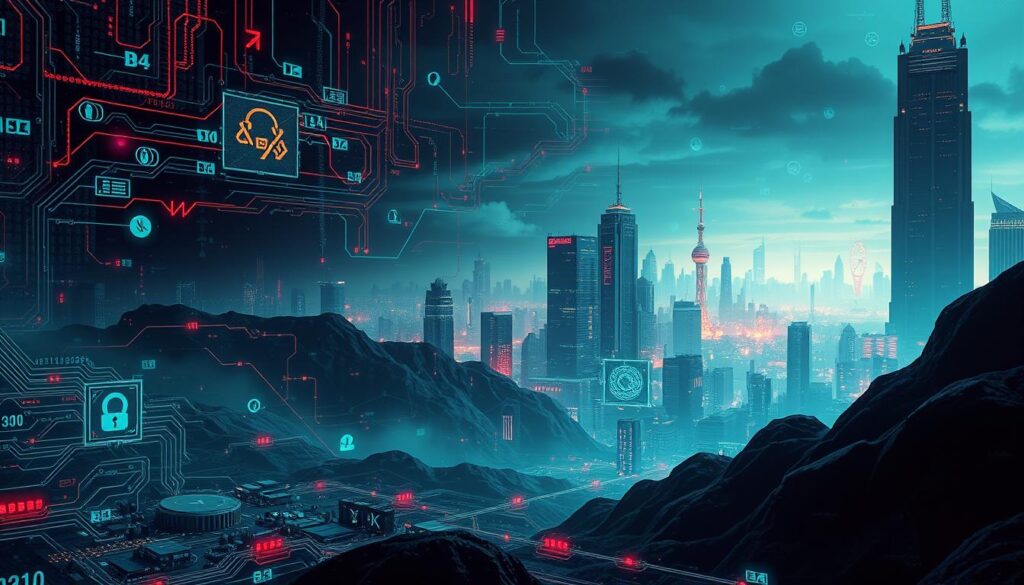An abstract cyberpunk landscape, with a foreground depicting various hacking symbols and icons - binary code, circuit boards, data streams, and cryptic glyphs. In the middle ground, a network of interconnected nodes and servers, shrouded in a neon-tinged digital haze. The background should have a dystopian, high-tech cityscape, with towering skyscrapers and a futuristic skyline, illuminated by the glow of holographic displays and flashing neon lights. The overall mood should be one of technological mystery, intrigue, and the potential for both benevolent and malicious digital activities. The lighting should be dramatic, with strong contrasts between light and shadow, creating a sense of depth and psychological tension. An abstract cyberpunk landscape, with a foreground depicting various hacking symbols and icons - binary code, circuit boards, data streams, and cryptic glyphs. In the middle ground, a network of interconnected nodes and servers, shrouded in a neon-tinged digital haze. The background should have a dystopian, high-tech cityscape, with towering skyscrapers and a futuristic skyline, illuminated by the glow of holographic displays and flashing neon lights. The overall mood should be one of technological mystery, intrigue, and the potential for both benevolent and malicious digital activities. The lighting should be dramatic, with strong contrasts between light and shadow, creating a sense of depth and psychological tension.
