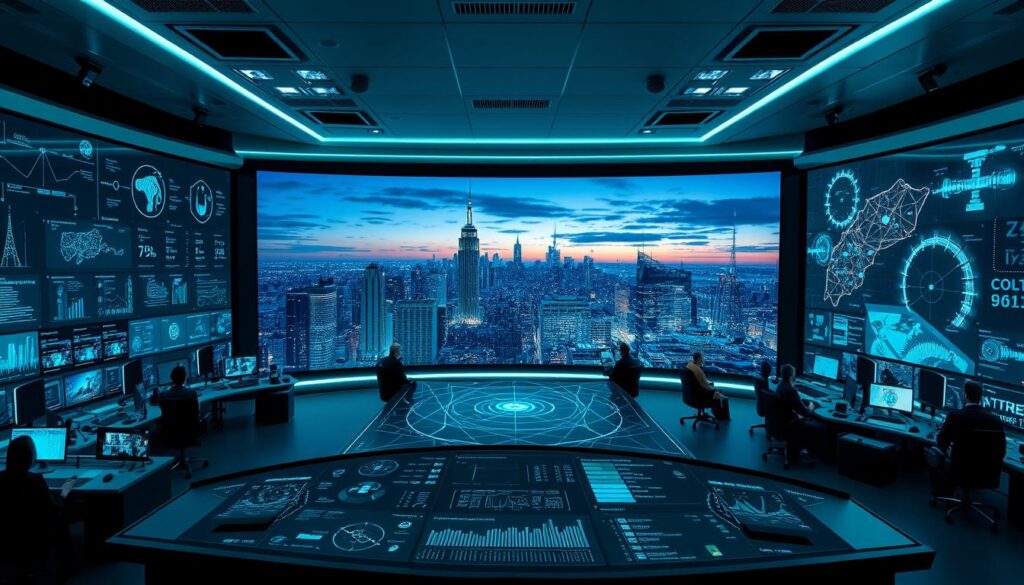 An expansive artificial intelligence cybersecurity control room, with advanced holographic displays, data visualization dashboards, and a team of analysts monitoring complex threat landscapes. The space is bathed in a cool, teal-tinged lighting, casting a serene yet high-tech ambiance. In the foreground, a central command console features a large, curved touchscreen interface, surrounded by banks of workstations and surveillance feeds. The middle ground showcases intricate 3D models of network topologies, threat vectors, and AI-powered anomaly detection algorithms. The background depicts a panoramic cityscape, with skyscrapers and communication towers silhouetted against a twilight sky, hinting at the global scale of the cybersecurity challenges faced. An expansive artificial intelligence cybersecurity control room, with advanced holographic displays, data visualization dashboards, and a team of analysts monitoring complex threat landscapes. The space is bathed in a cool, teal-tinged lighting, casting a serene yet high-tech ambiance. In the foreground, a central command console features a large, curved touchscreen interface, surrounded by banks of workstations and surveillance feeds. The middle ground showcases intricate 3D models of network topologies, threat vectors, and AI-powered anomaly detection algorithms. The background depicts a panoramic cityscape, with skyscrapers and communication towers silhouetted against a twilight sky, hinting at the global scale of the cybersecurity challenges faced.