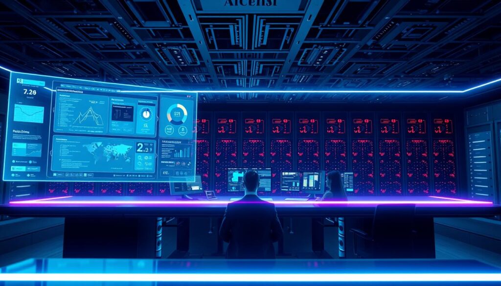 An image of a powerful SOAR (Security Orchestration, Automation, and Response) system, centered on a sleek, futuristic command console. In the foreground, a holographic display showcases a dynamic cybersecurity dashboard, with real-time data visualization and intuitive controls. The middle ground features a team of analysts and security professionals, their faces illuminated by the glow of multiple screens, as they monitor and orchestrate the system's automated responses to security events. In the background, a vast network of interconnected servers and data centers, rendered in a high-tech, minimalist style, creates a sense of scale and complexity. The lighting is cool and ethereal, with subtle blue and purple hues, conveying a sense of precision and technological sophistication. The composition is balanced and symmetrical, emphasizing the system's power and efficiency. An image of a powerful SOAR (Security Orchestration, Automation, and Response) system, centered on a sleek, futuristic command console. In the foreground, a holographic display showcases a dynamic cybersecurity dashboard, with real-time data visualization and intuitive controls. The middle ground features a team of analysts and security professionals, their faces illuminated by the glow of multiple screens, as they monitor and orchestrate the system's automated responses to security events. In the background, a vast network of interconnected servers and data centers, rendered in a high-tech, minimalist style, creates a sense of scale and complexity. The lighting is cool and ethereal, with subtle blue and purple hues, conveying a sense of precision and technological sophistication. The composition is balanced and symmetrical, emphasizing the system's power and efficiency.