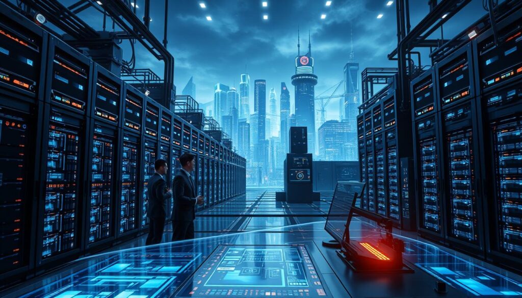 Cybersecurity and AI: a high-tech, industrial landscape of digital defenses. In the foreground, a sleek, futuristic control panel with holographic displays and touch interfaces, manned by a team of cybersecurity experts in crisp uniforms. The middle ground features towering server racks and data storage arrays, their LED lights pulsing with activity. In the background, a vast, three-dimensional cityscape of skyscrapers and infrastructure, crisscrossed by flickering streams of data. The atmosphere is one of vigilance, innovation, and unwavering commitment to protecting the digital realm. Dramatic lighting casts dramatic shadows, while the overall color palette is a harmonious blend of blues, grays, and neons. A sense of power, technology, and the relentless march of progress pervades the scene. Cybersecurity and AI: a high-tech, industrial landscape of digital defenses. In the foreground, a sleek, futuristic control panel with holographic displays and touch interfaces, manned by a team of cybersecurity experts in crisp uniforms. The middle ground features towering server racks and data storage arrays, their LED lights pulsing with activity. In the background, a vast, three-dimensional cityscape of skyscrapers and infrastructure, crisscrossed by flickering streams of data. The atmosphere is one of vigilance, innovation, and unwavering commitment to protecting the digital realm. Dramatic lighting casts dramatic shadows, while the overall color palette is a harmonious blend of blues, grays, and neons. A sense of power, technology, and the relentless march of progress pervades the scene.