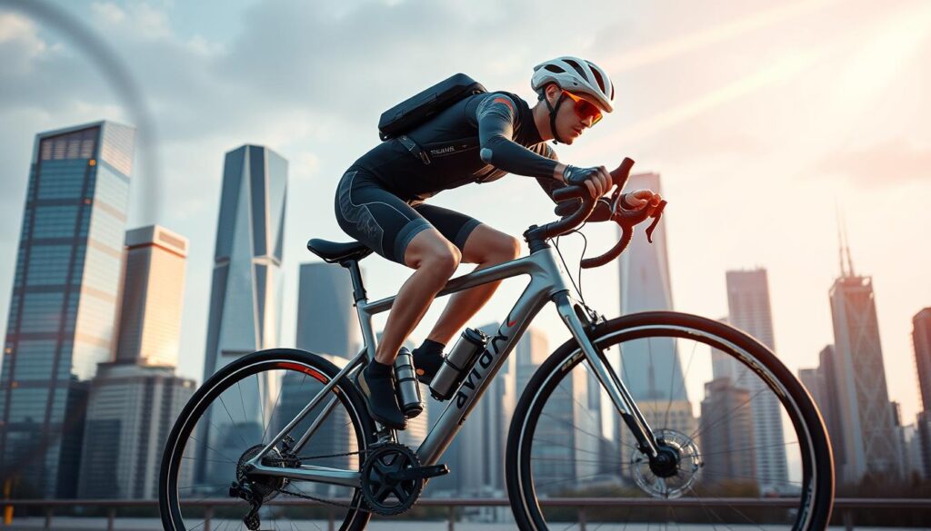 Detailed exoskeleton frames supporting a cyclist, with sleek carbon fiber components and powered joints for enhanced mobility. The figure is positioned in a dynamic riding pose, cutting through the air with purpose. In the background, a cityscape of towering skyscrapers reflects the innovative, futuristic atmosphere. Beams of warm, directional lighting highlight the exoskeleton's intricate mechanisms, creating a sense of advanced technology. The overall scene conveys a vision of enhanced human potential, blending man and machine for a transformative cycling experience. Detailed exoskeleton frames supporting a cyclist, with sleek carbon fiber components and powered joints for enhanced mobility. The figure is positioned in a dynamic riding pose, cutting through the air with purpose. In the background, a cityscape of towering skyscrapers reflects the innovative, futuristic atmosphere. Beams of warm, directional lighting highlight the exoskeleton's intricate mechanisms, creating a sense of advanced technology. The overall scene conveys a vision of enhanced human potential, blending man and machine for a transformative cycling experience.